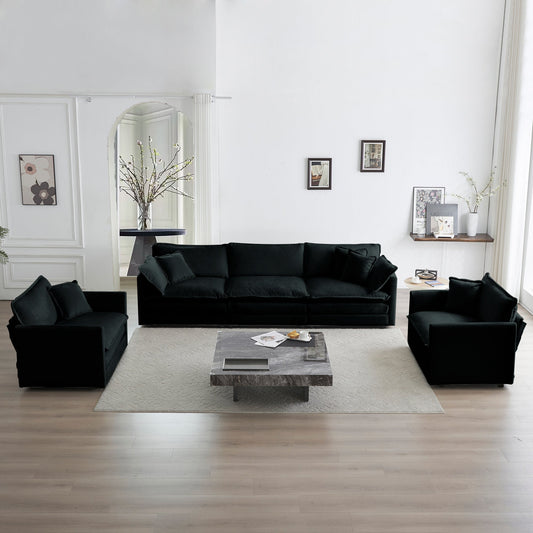 NEW Sofa Set of 3, 1+1+3 Seats Living Room Sofa Set, Accent Chair, Loveseat, and Three-Seat Sofa Modern Style Round Arms 3 Piece Sofa Set, Black Chenille