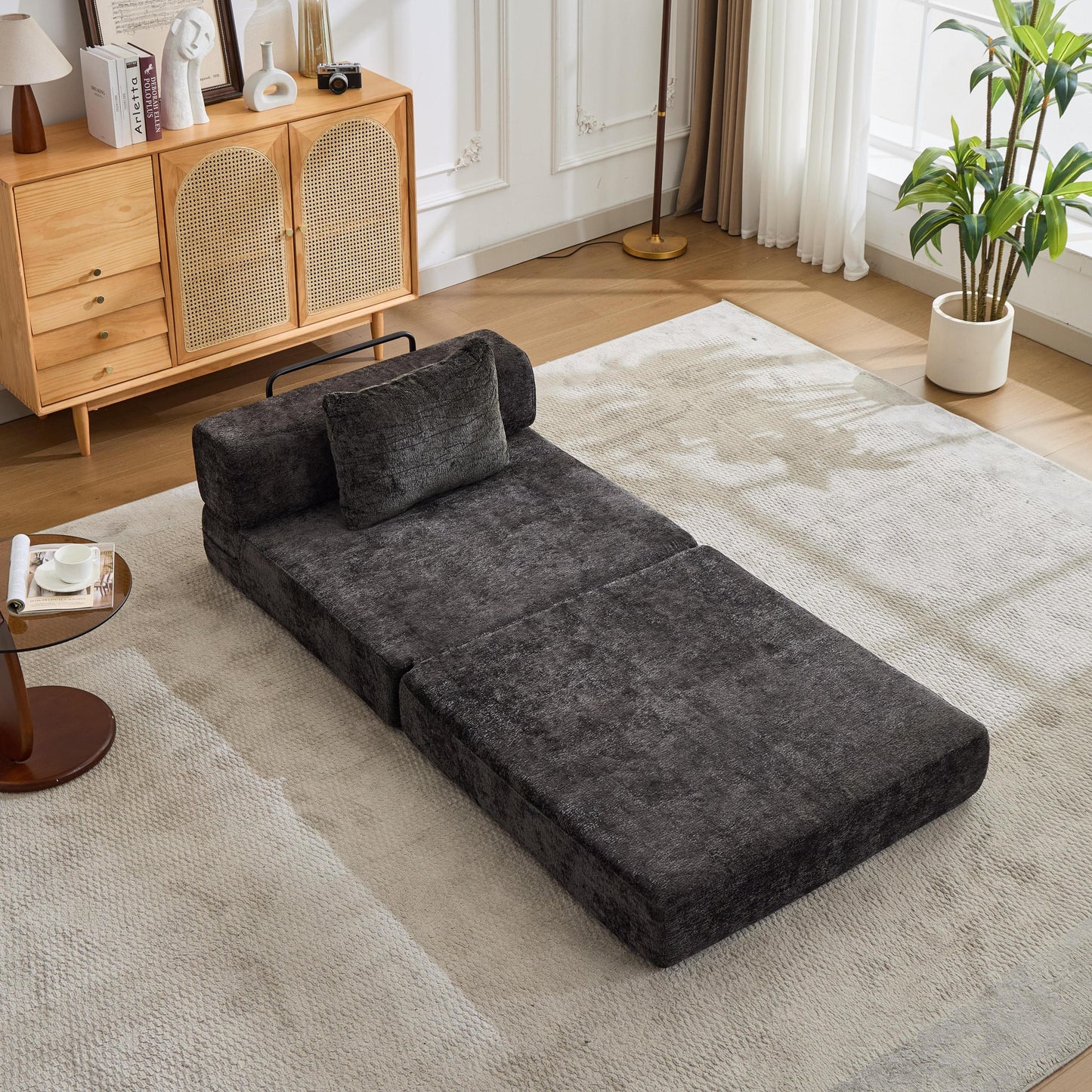 NEW Compression Black Chenille Fabric Convertible Single Seater Boneless Modular Sectional Sofa with Fixed-Shape Frame