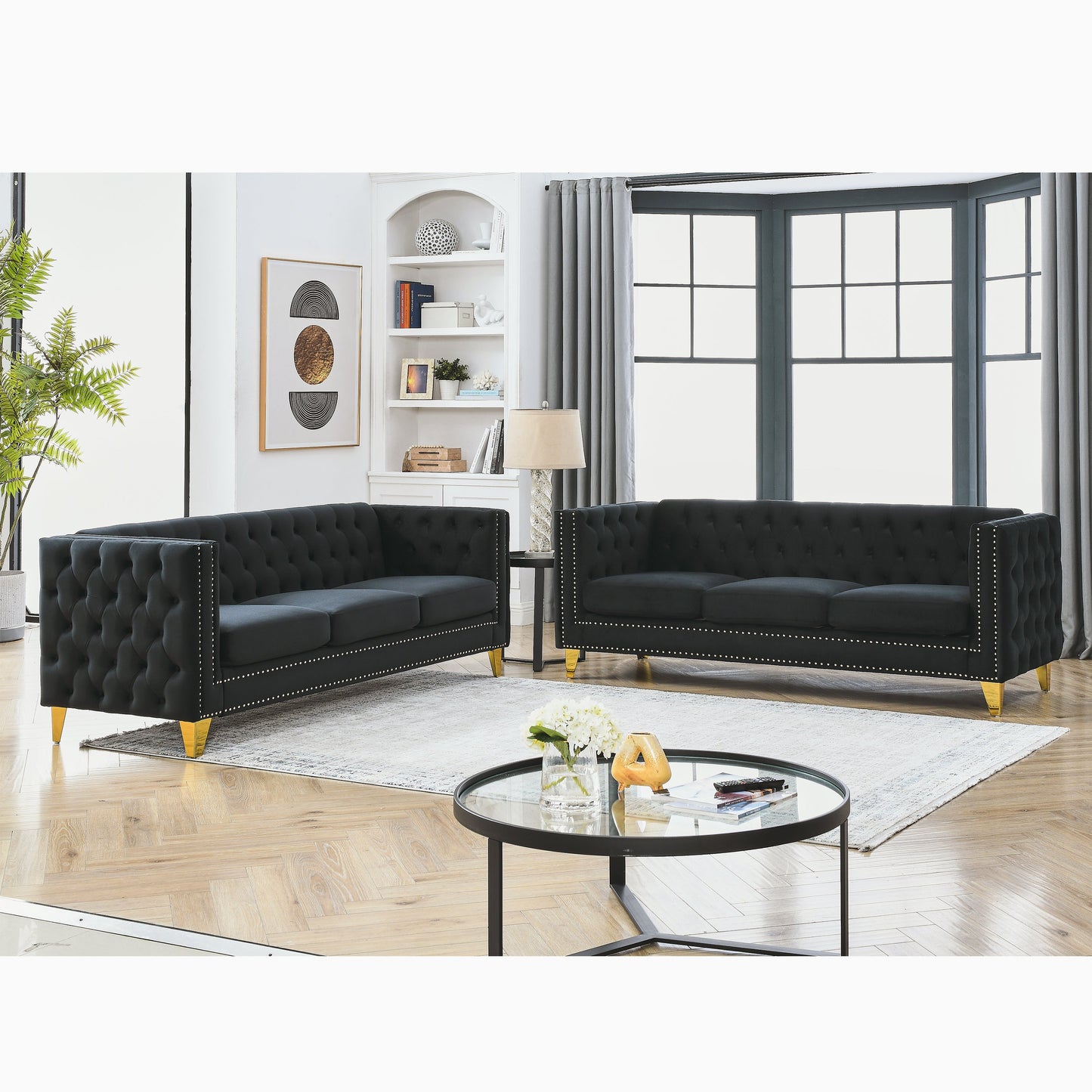 NEW 2pc Black Velvet Tufted Button Square Arm Couch Modern Upholstered Metal Legs Sofa