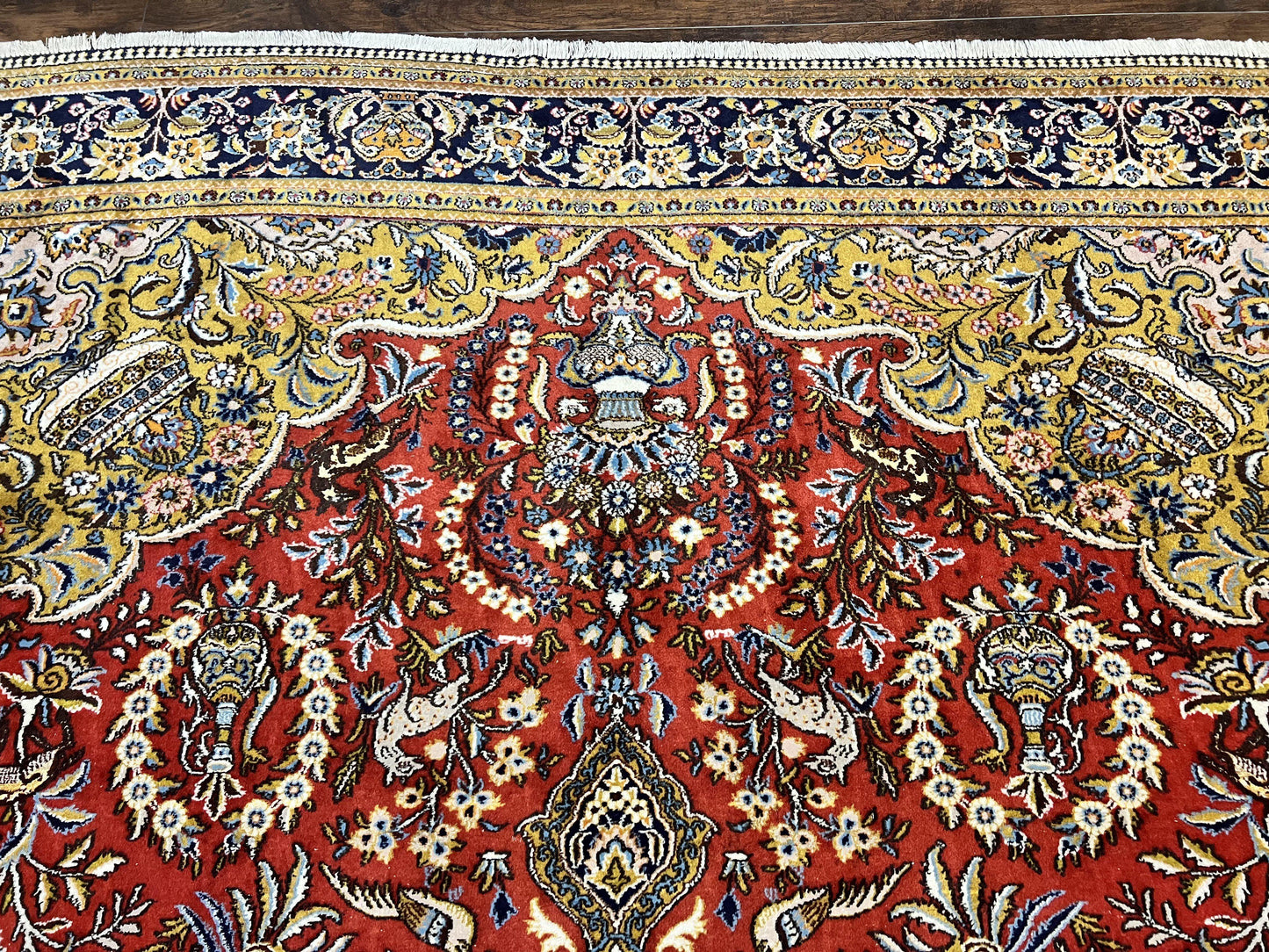 USED Wonderful Persian Qum Rug 10x14, Wool w/ Silk Highlights, Hand Knotted Semi Antique Vintage Carpet, Red, Floral, Fine Weave, Birds Deer Pictorials