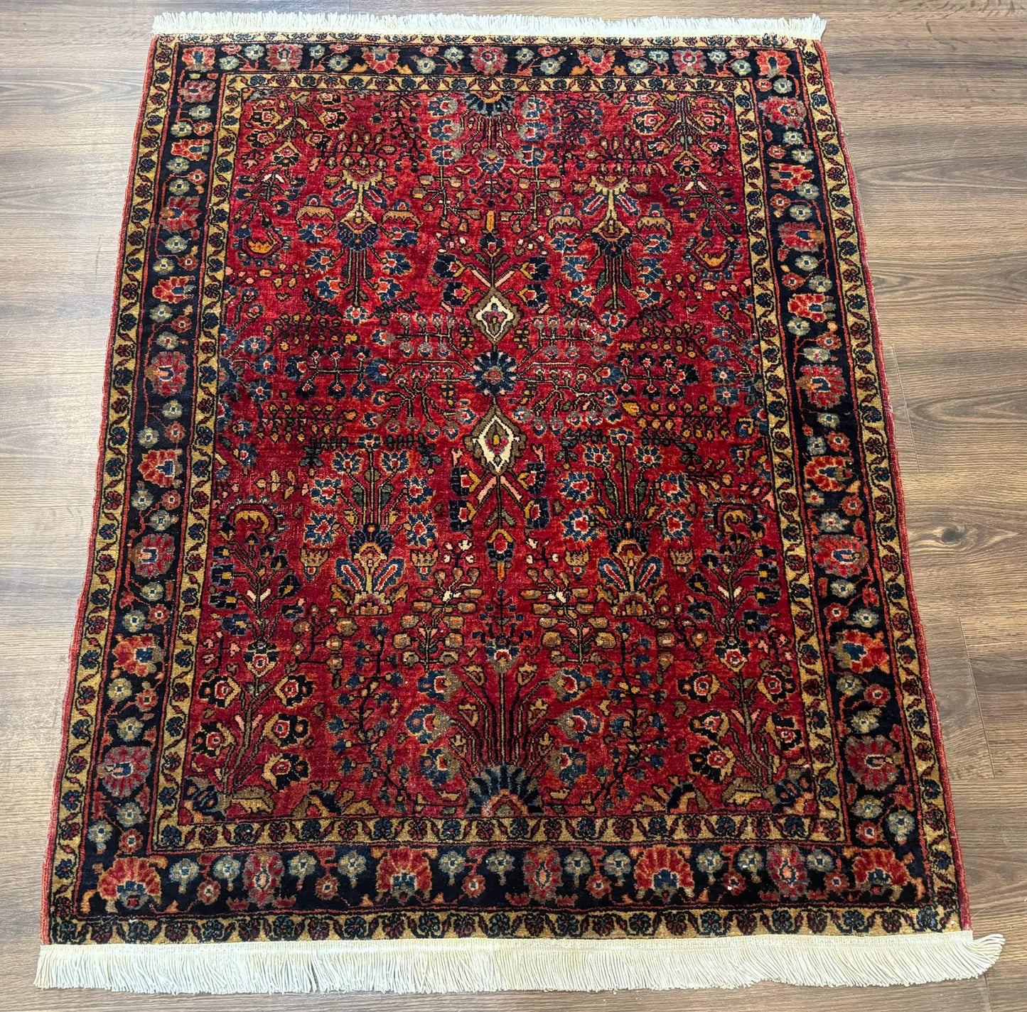 USED Antique Persian Sarouk Rug 3x4, Red, Floral, 1920s Wool Rug