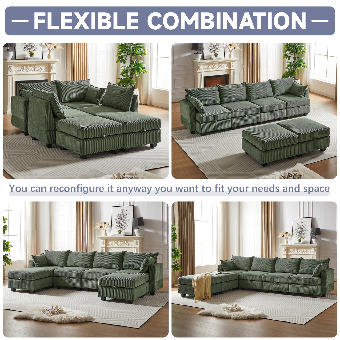 NEW 113.5'' Modular Sectional Corduroy U Shaped Sofa Couch with Storage Ottoman 6 Seat Convertible Sections and Chaise