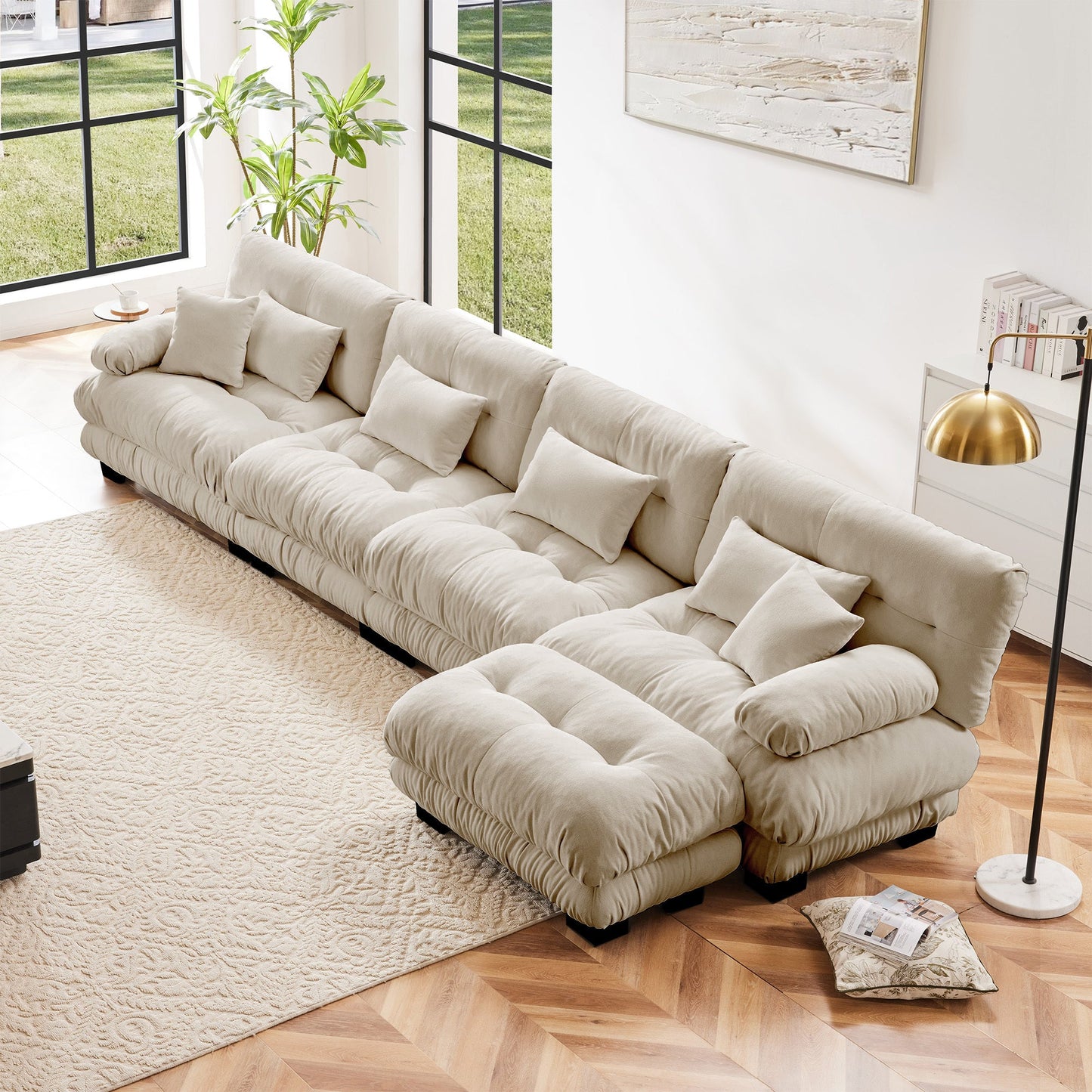 NEW Free Combination Chenille Light Coffee Modular Sectional L Shaped 4-Seater Comfy Cloud Sofa Couch with Convertible Ottoman