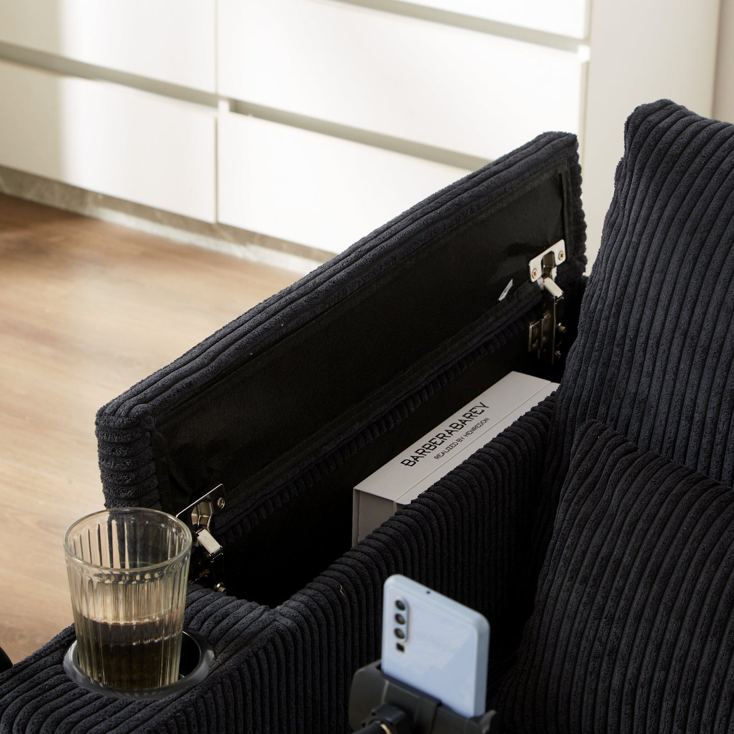 NEW Convertible Chaise Lounge 63' Loveseat Sofa Bed with USB Ports, Cup Holders, Phone Holder & Storage, Black Corduroy