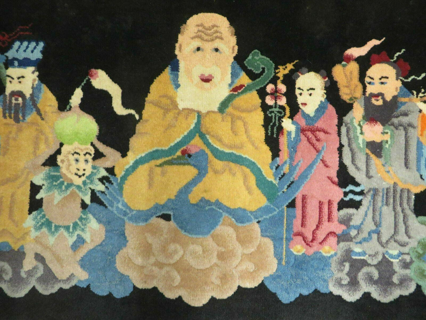 USED Chinese Wool Pictorial Rug 3x6 Counsel of Wise Elders Philosophers, Vintage Hand Knotted Black Chinese Carpet, Swan, Clouds Confucius, Rare