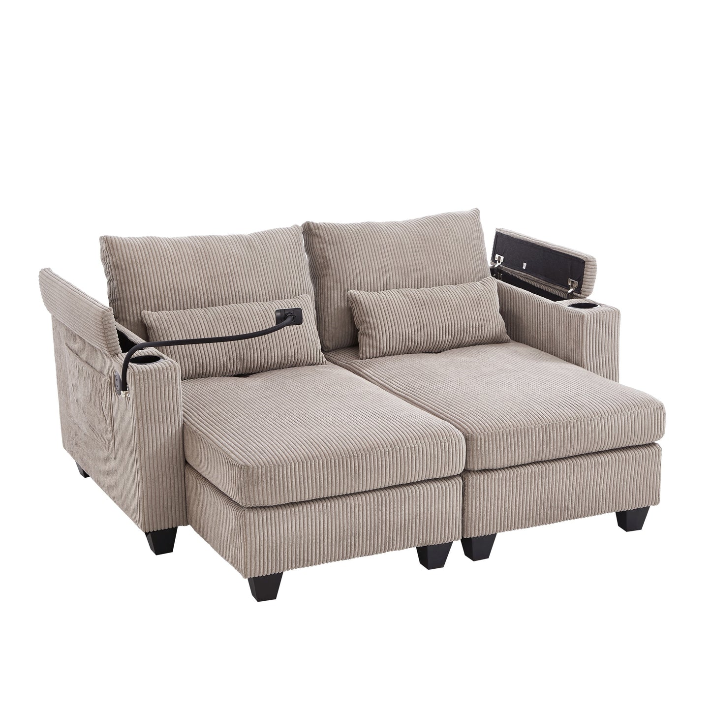 NEW Convertible Chaise Lounge 63' Loveseat Sofa Bed with USB Ports, Cup Holders, Phone Holder, Storage, Brown Corduroy