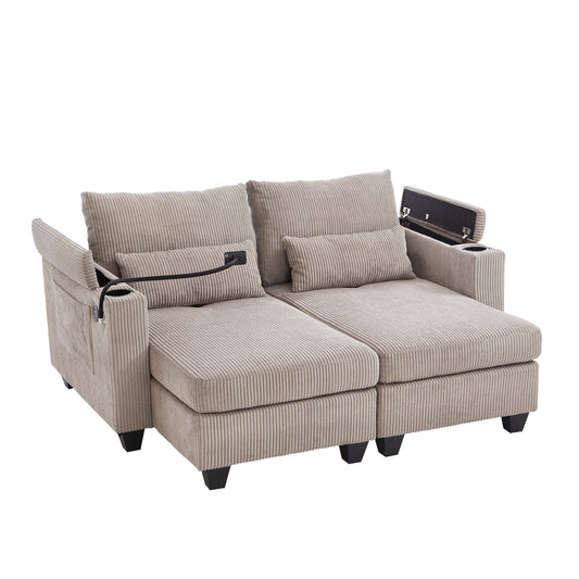 NEW Convertible Chaise Lounge 63' Loveseat Sofa Bed with USB Ports, Cup Holders, Phone Holder, Storage, Brown Corduroy