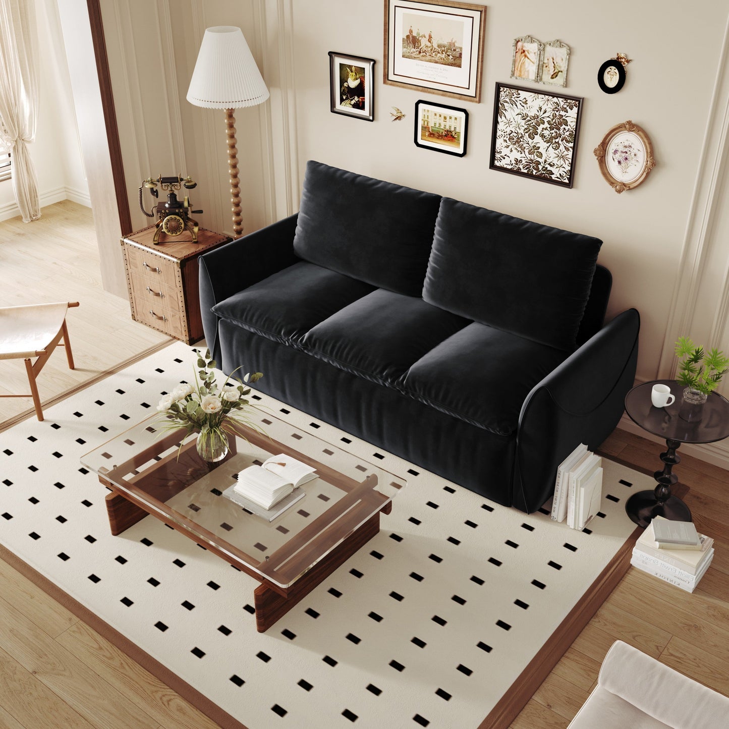 NEW 70.9' Multi-Functional 3-Seat Velvet Black Convertible Sleeper Sofa