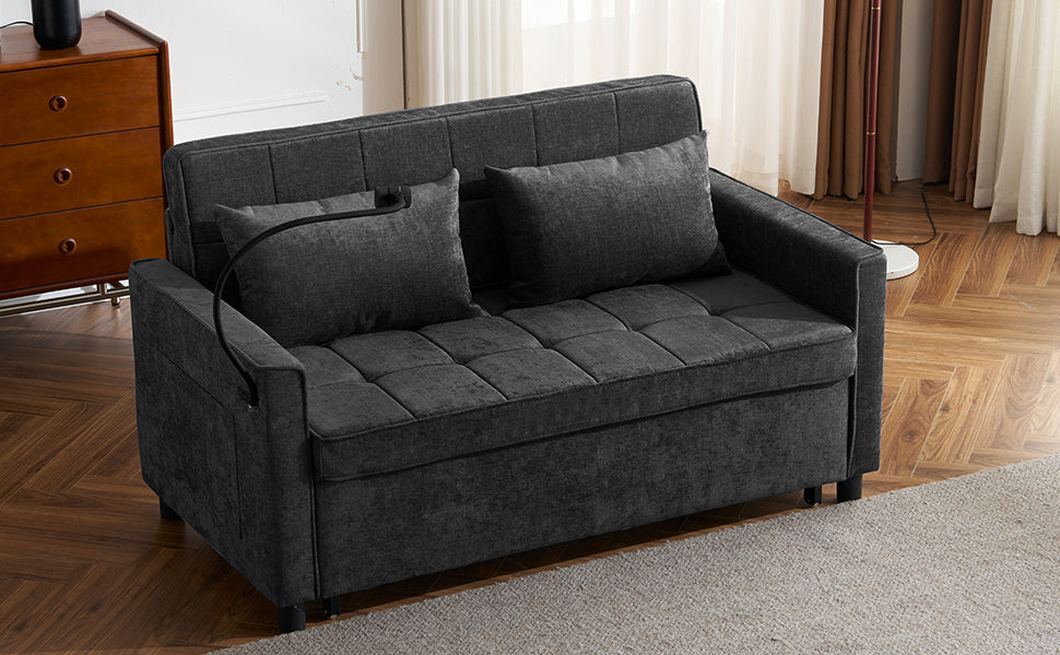 NEW Contemporary 56.9' Loveseat Sofa Bed Sleeper with Reversible Backrest, Side Pockets, USB Ports, Phone Holder, Black Chenille