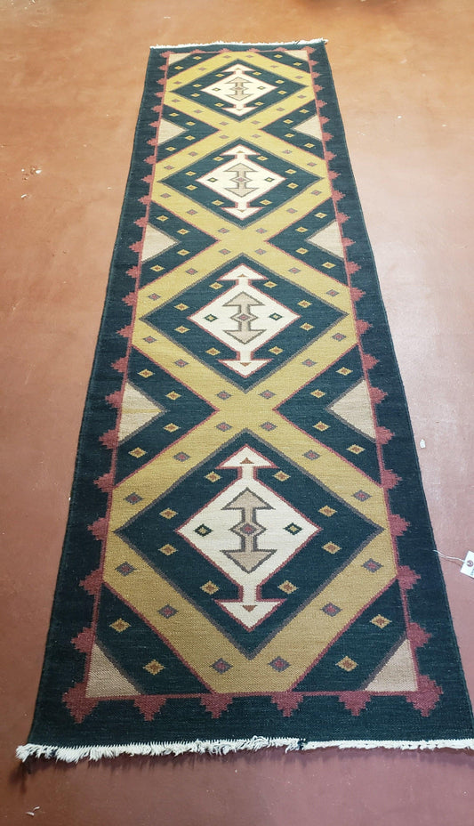 USED Vintage Indian Kilim Runner Rug, Geometric Flatweave Hand-Knotted Wool Kitchen Hallway Runner, Black Gold & Beige, 2' 8" x 9' 9"