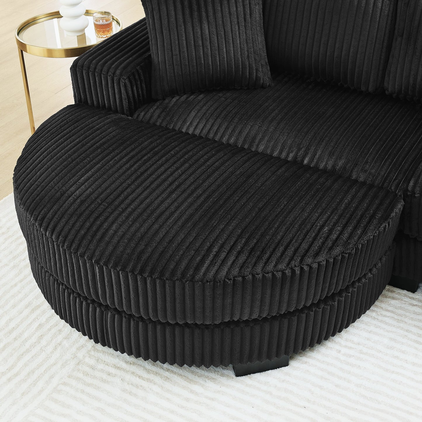 NEW Black Corduroy Tufted Upholstered Sleeper Sectional Sofa, L-Shaped Modular Convertible Sofa with Arc-Shaped Footstool