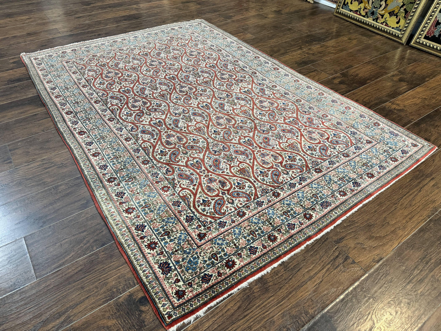 USED Unique Persian Qum Rug 5x7, Repeated Paisely Boteh Design, Ivory Red Blue, Handmade Antique Wool Persian Carpet, Finely Hand Knotted