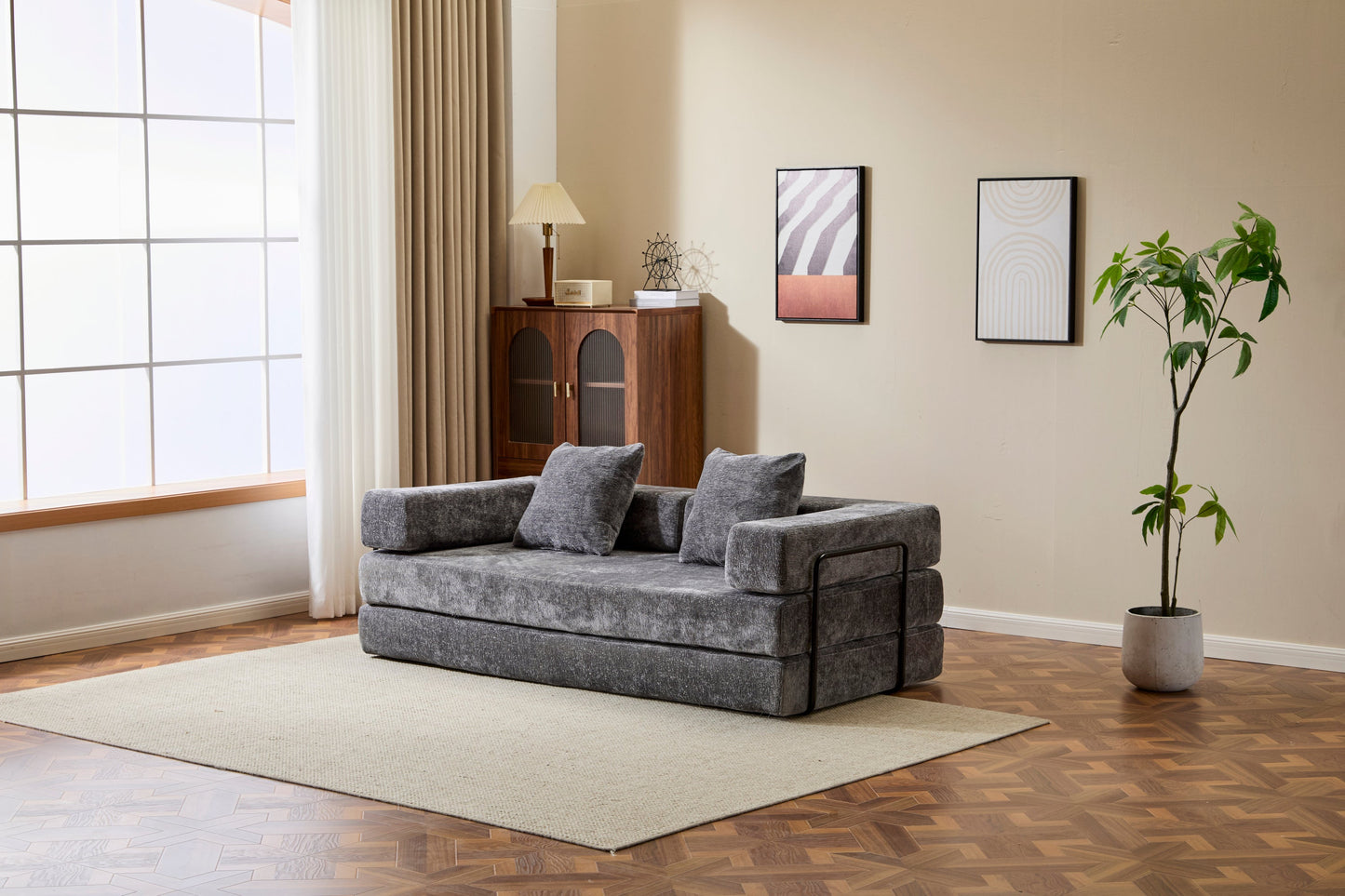 NEW Floor Couch,Compression Sofa,Convertible Floor Sofa Bed-with Pillow Back Support Armrest,Comfy Futon Couch Lounge Sleeper Bed,Chenile fabric,for Living Room Bedroom (DARK-GREY)