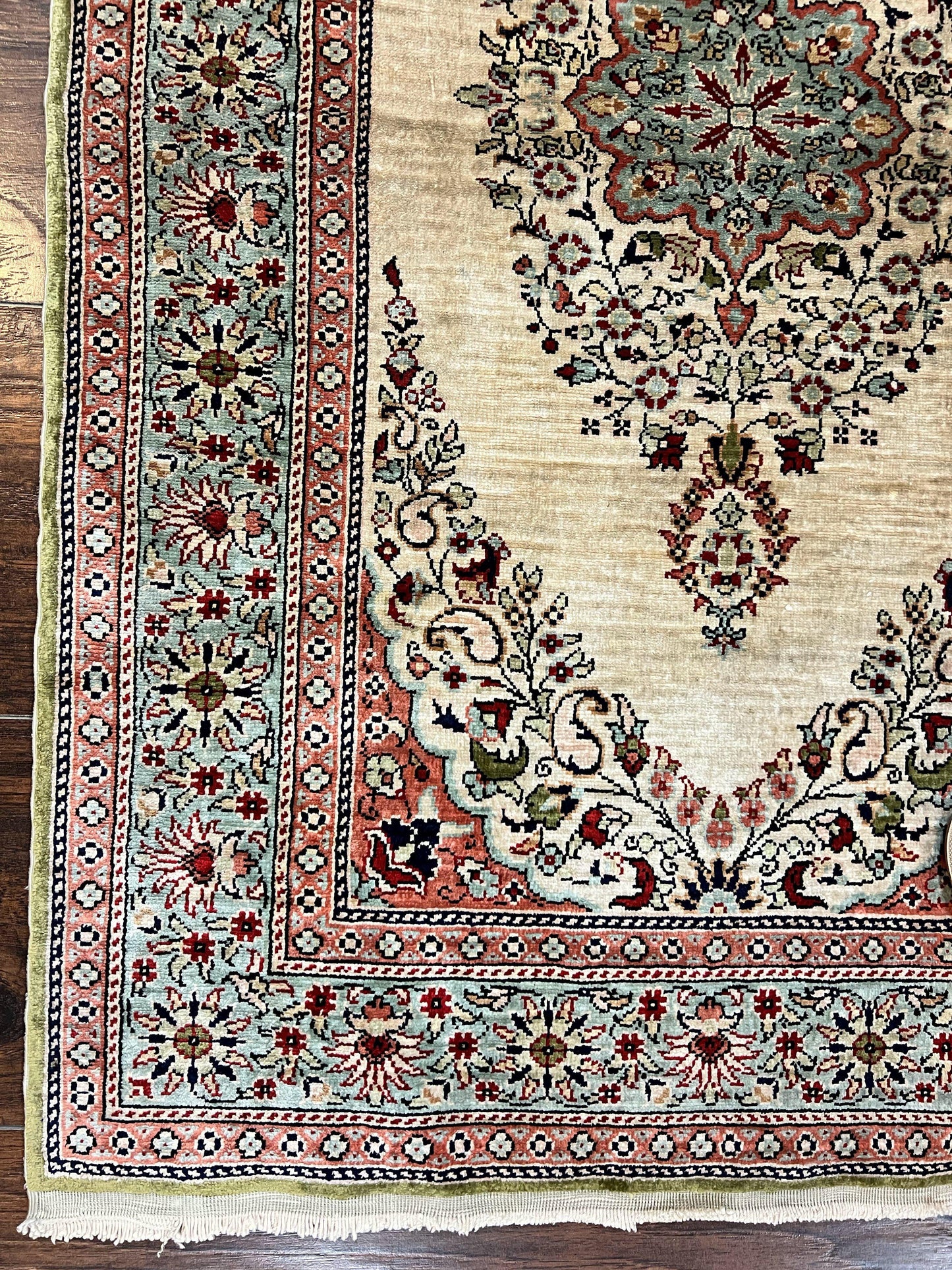 USED Silk Turkish Kayseri Rug 2x3, Very Finely Hand Knotted, Semi Open Field, Vintage, Silk Pile on Silk Foundation, 300 KPSI