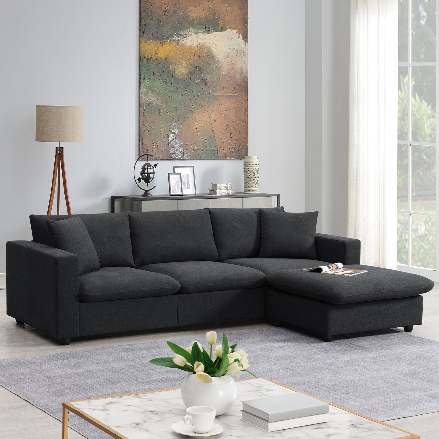 NEW L-shaped 4-Seat Polyester Black Fabric Modern Sectional Sofa