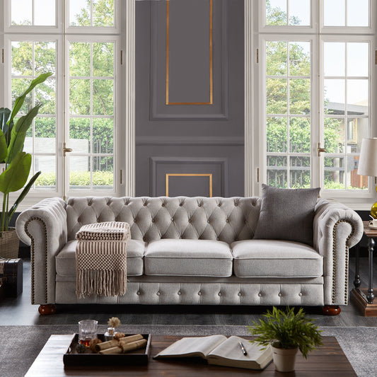 NEW Light Grey Linen Fabric Chesterfield Sofa Couch