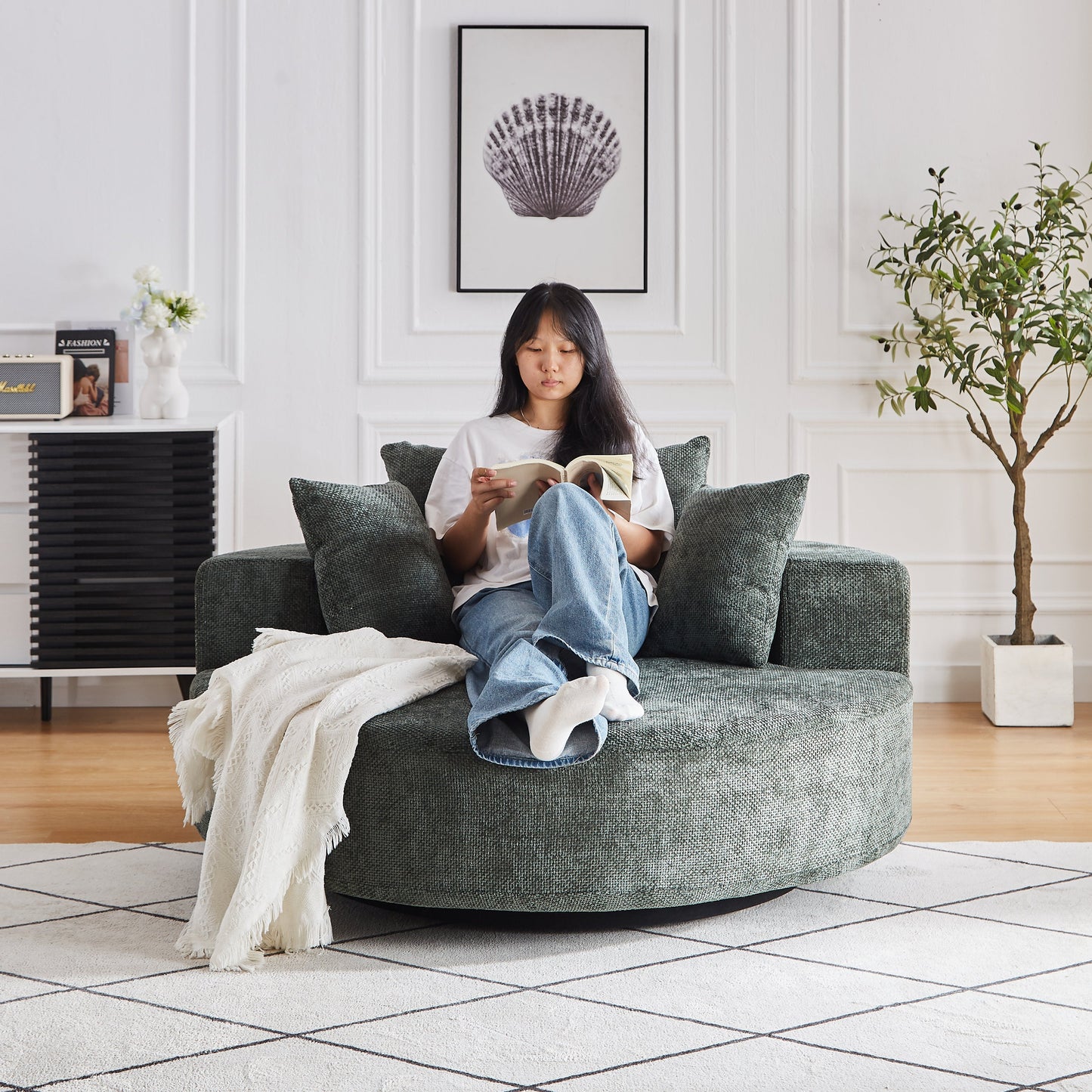 NEW 55''L Chenille Foam Single Swivel Chair, Fluffy Modern Sleeper, 360 Degree Swivel Chair for Living Room, Bedroom, Lounge and Projection Room