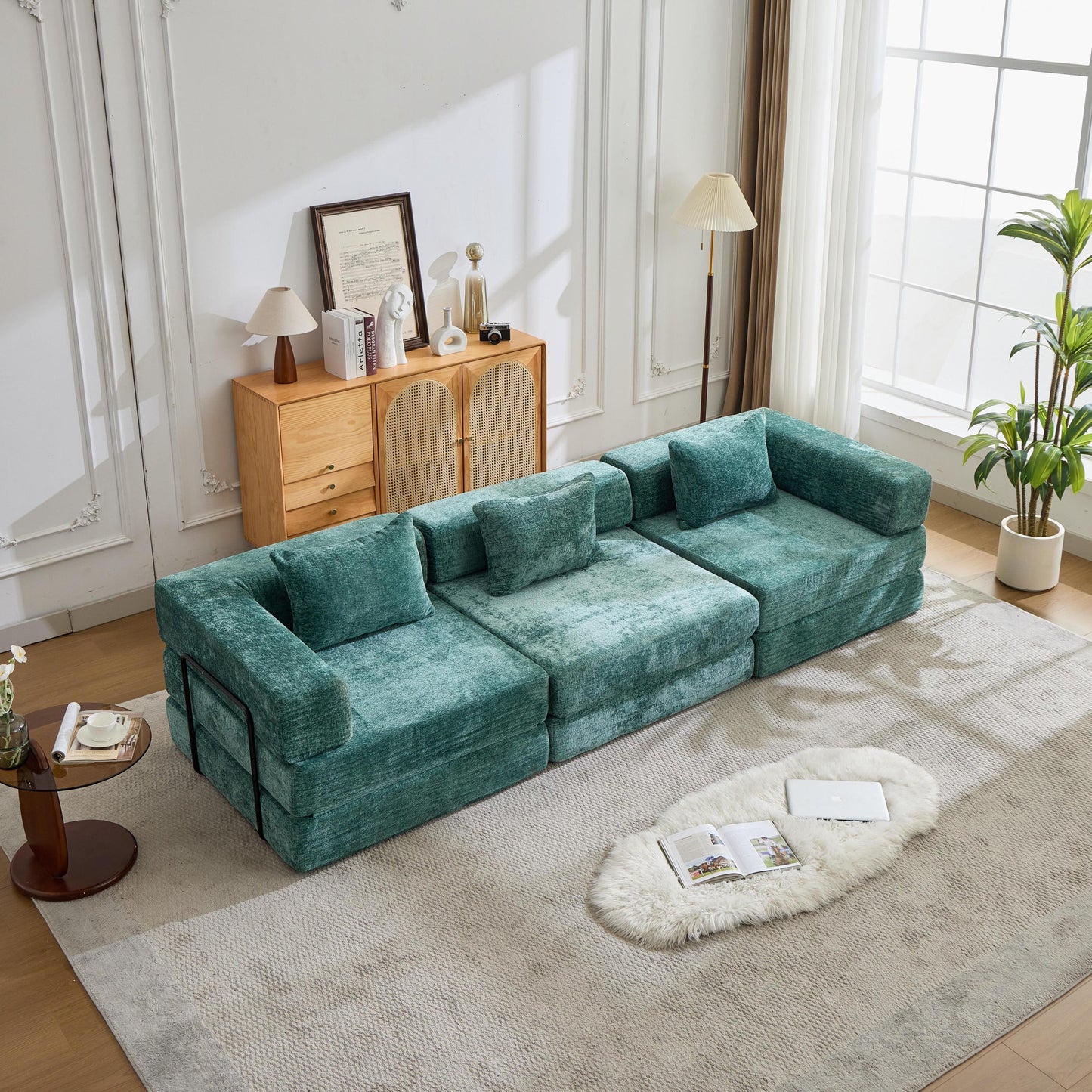 NEW Dark Green Chenille Fabric Compression Convertible Floor Sofa Bed