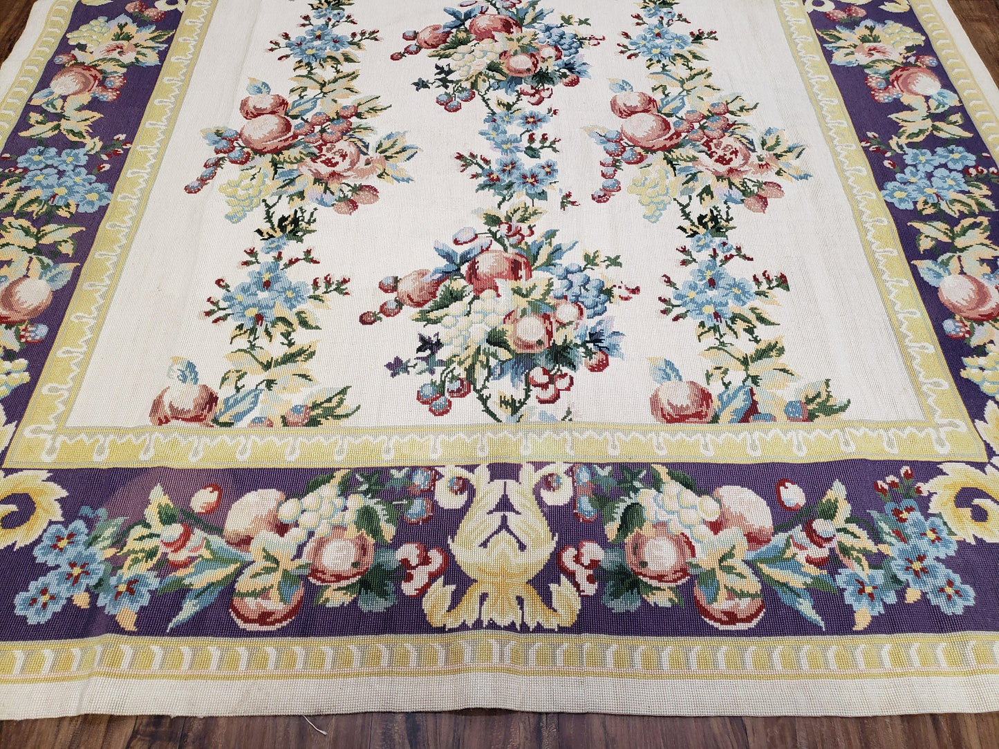 USED Vintage Chinese Floral Needlepoint Area Rug 6x9, Wool Hand-Woven Handmade Flatweave Rug, Ivory & Purple, Fruits Grapes Apples, Dining Room
