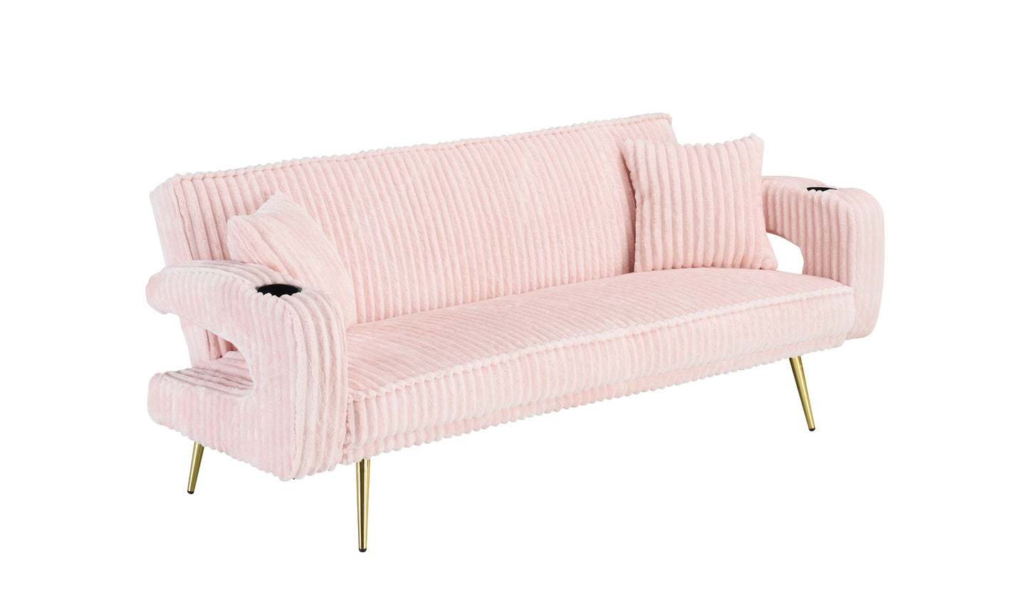 NEW 74 inch Straight Pink Corduroy Adjustable  Sofa Bed with Pillows