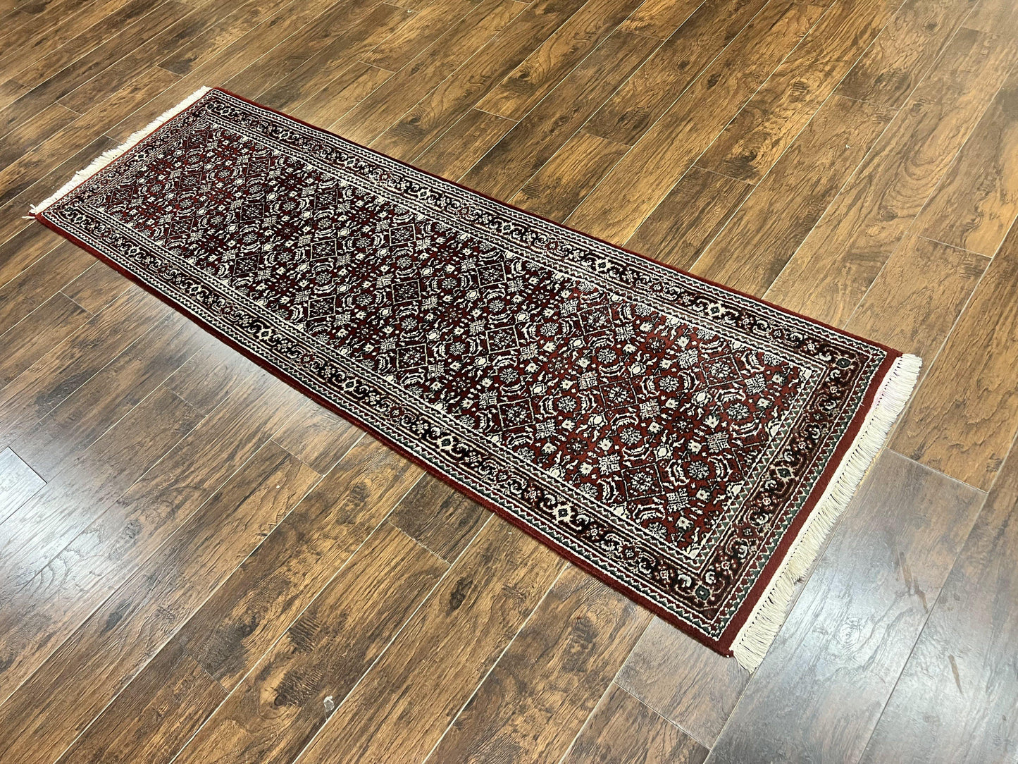 USED Indo Persian Runner Rug 2.7 x 8, Wool Hand Knotted Vintage Carpet, Red Black, Herati Allover Pattern, Oriental Runner, Rug for Hallway