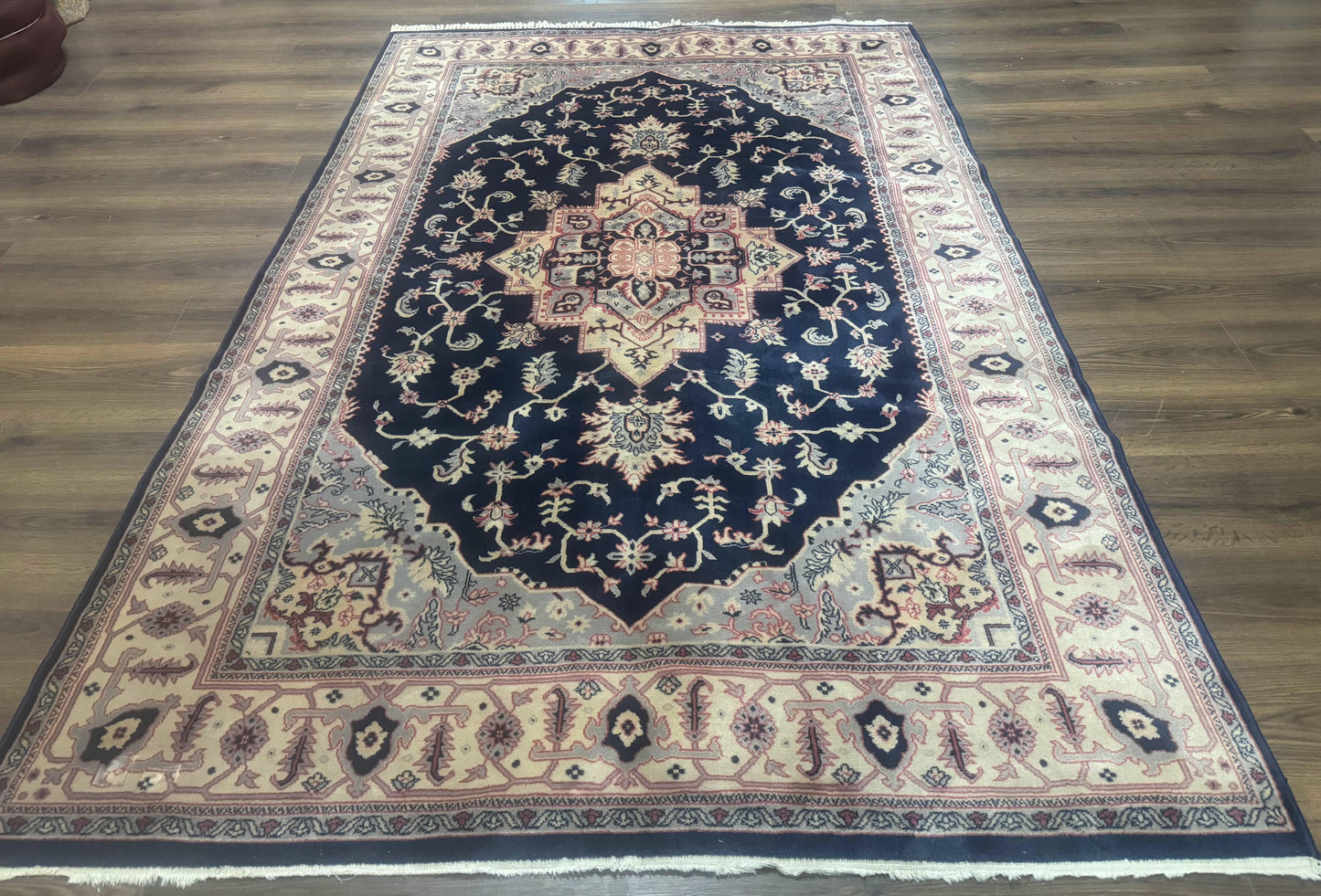 USED Karastan Rug Navy Serapi, Kara Shah Rug, Navy Blue, 5.6 x 8.6, Vintage Karastan Area Rug, Wool Pile Karastan Rug