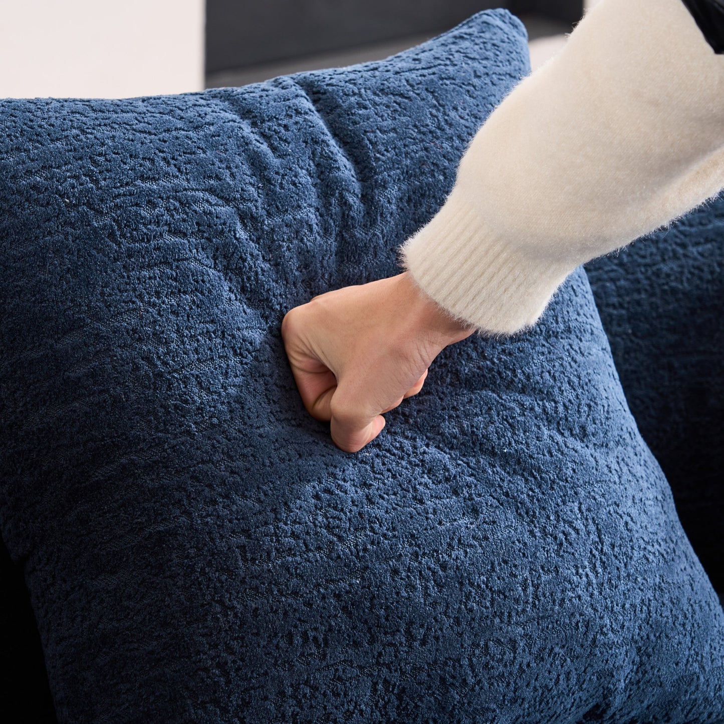 NEW LY-025S Chenille  Curved Loveseat Blue Full Compression Sponge Sofa with 3 Pillows