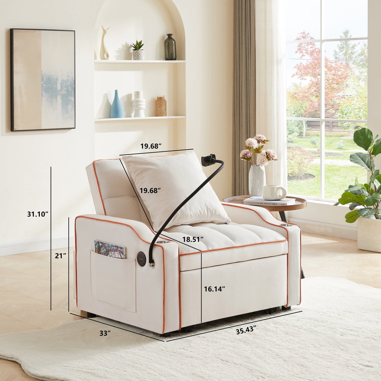 NEW Beige Velvet Convertible 3-in-1 Sofa Bed Couch with USB Port and Multi-Pockets