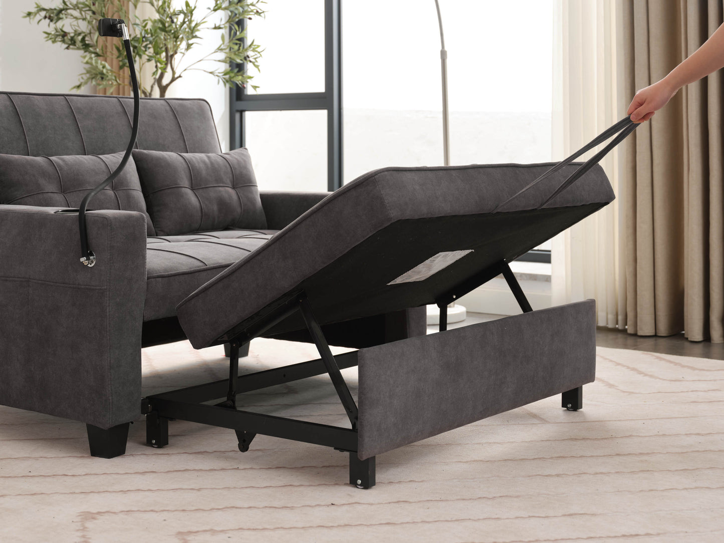 NEW Dark Grey Cloth Fabric 2 Seater Loveseat Recliner Sofa Bed with Adjustable Backrest USB and Cupholders