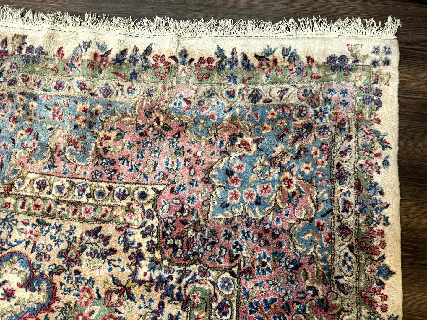 USED Palace Size Persian Kerman Rug 11x20 ft, Very Fine 340 KPSI, Vintage Oversized Wool Handmade Large Persian Carpet, Beige Light Blue Pink