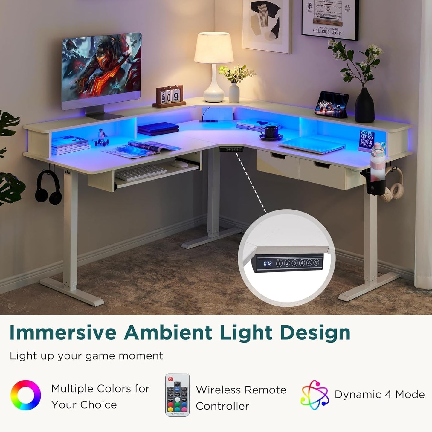 NEW 60 Inch L Shaped Electric Standing Desk Antique White