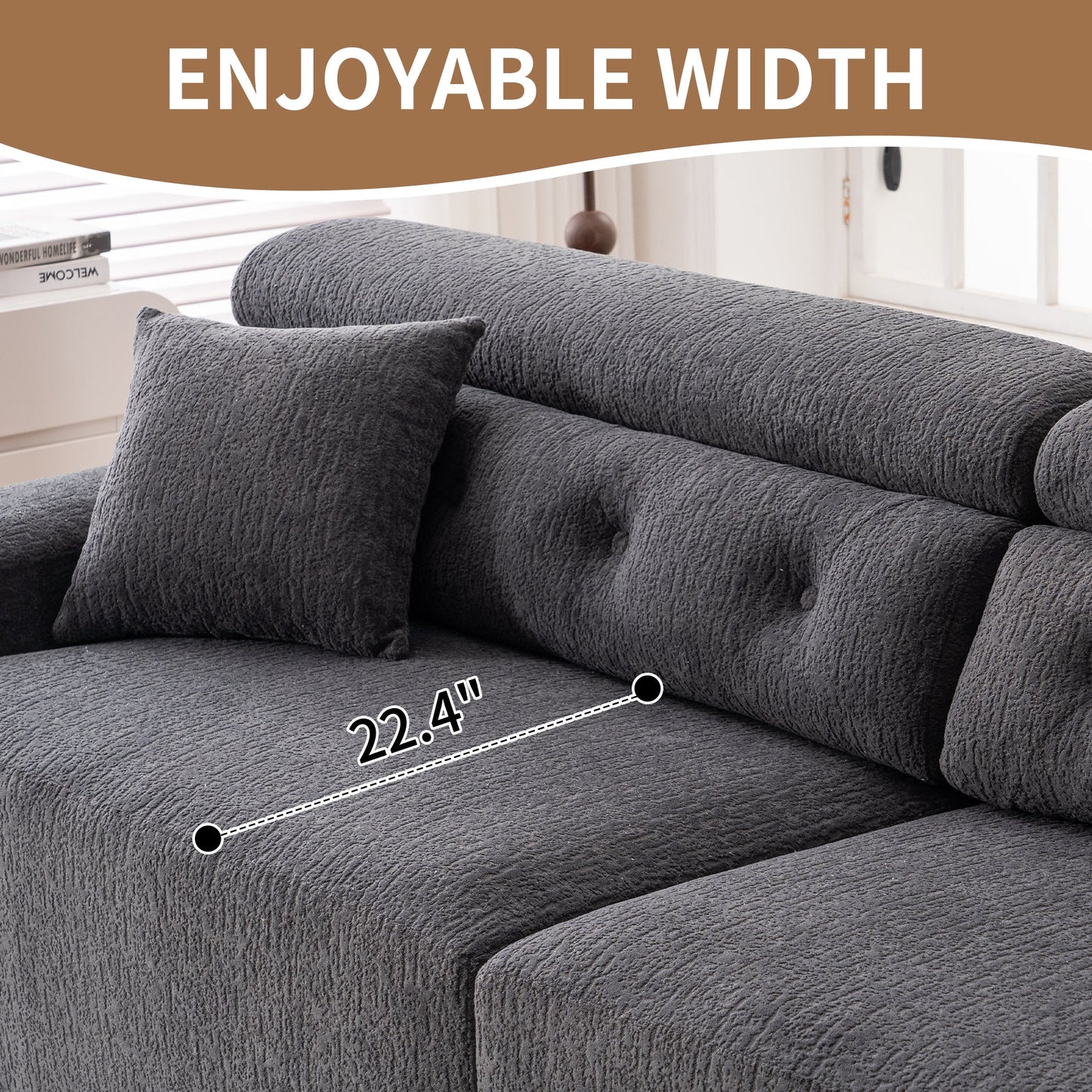 NEW LY-029 Gray 4-Seater Wood Grain Chenille Fabric Full Sponge Compression Sofa with 2 Pillows