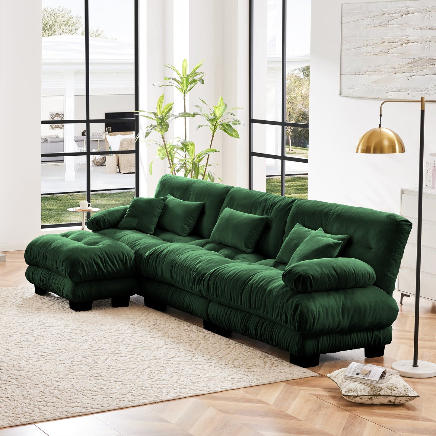 NEWn Luxury Chenille Green Oversized Modular Sectional L Shaped Cloud Deep Seat Sofa Couch with Convertible Ottoman