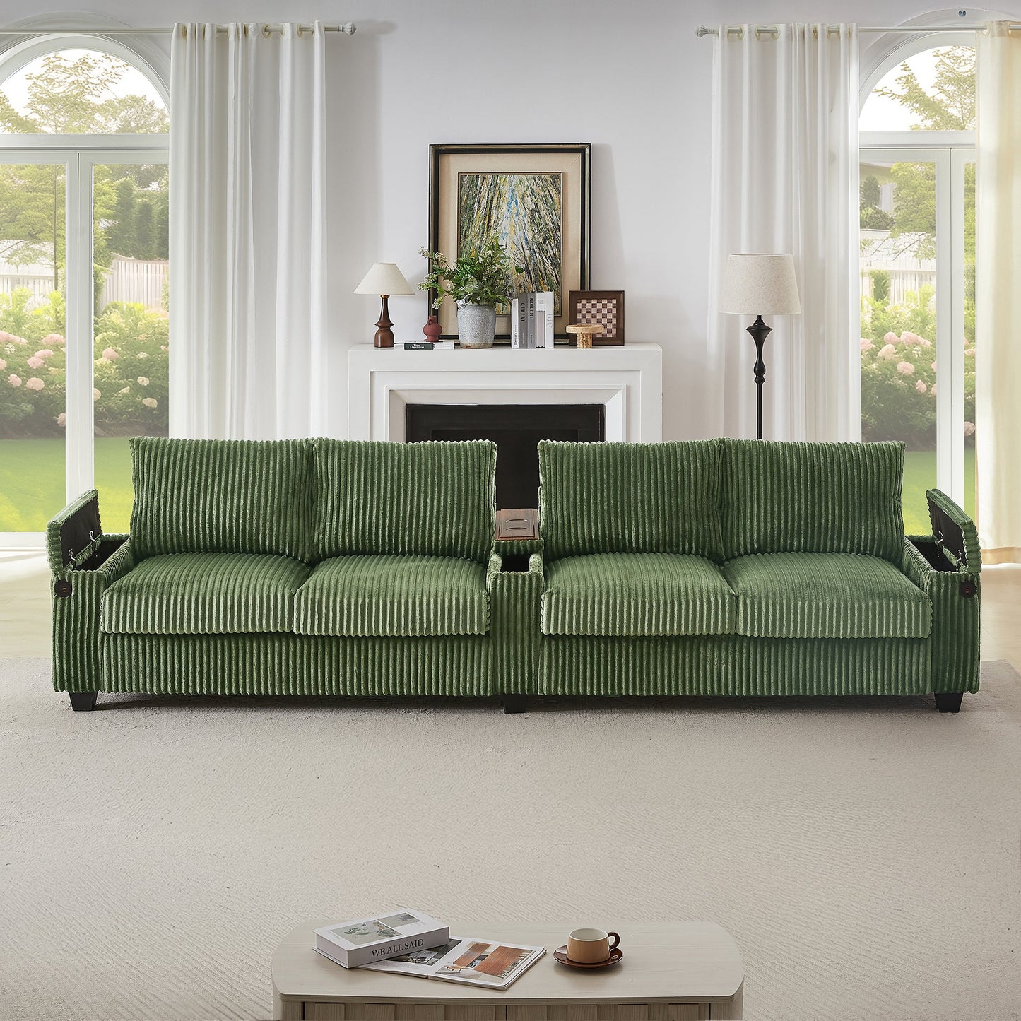 NEW Modern 4-Seater Green Corduroy Sofa with USB Ports Hidden Storage Arms and Flip-Top Cup Holders