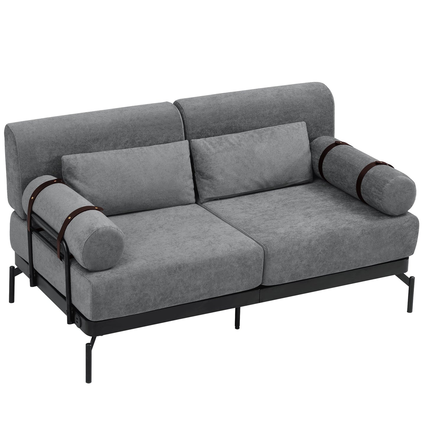 NEW Modern Grey Chenille 2 Seater Loveseat 59' Sofa Couch with USB Ports Unique Cylindrical Armrests