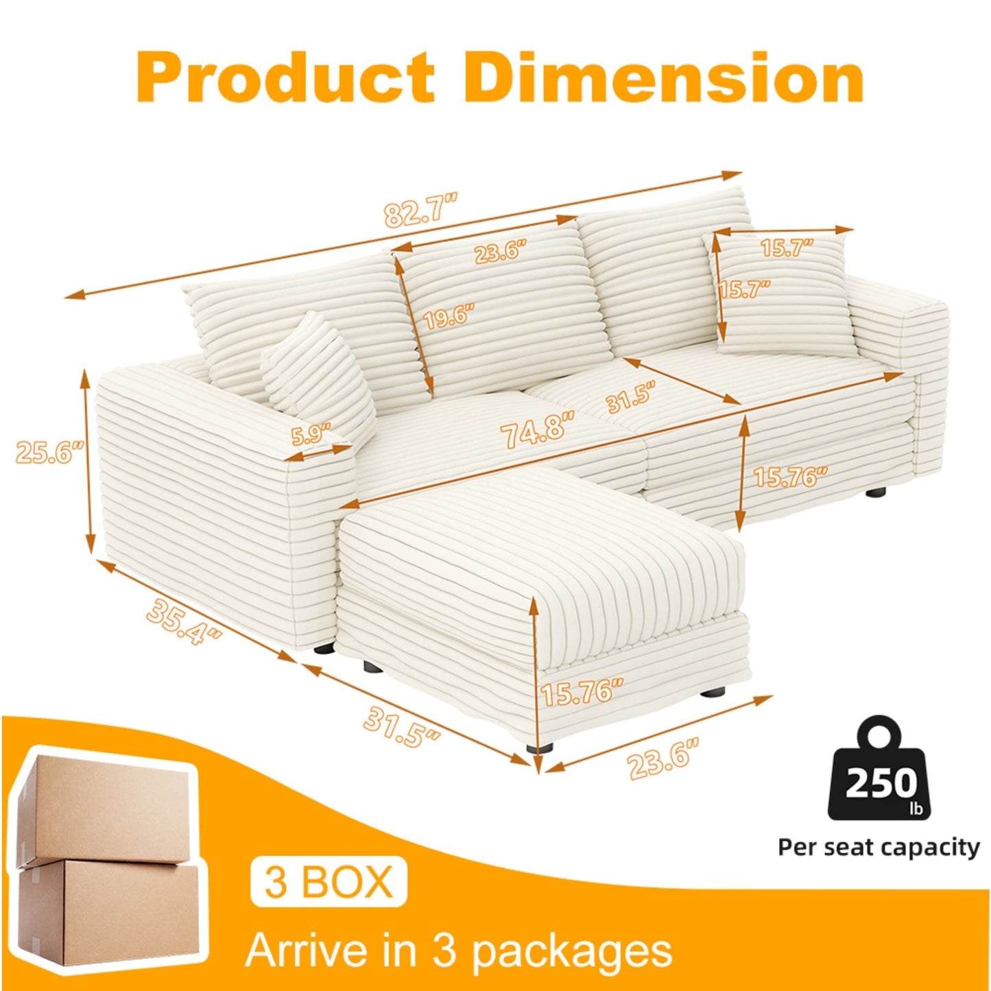 NEW 82.7 ' Plush Beige Corduroy Modern Comfy Upholstered Deep 3-Seat Sofa Couch Convertible Lounge Chair with Soft Pillows and Ottoman