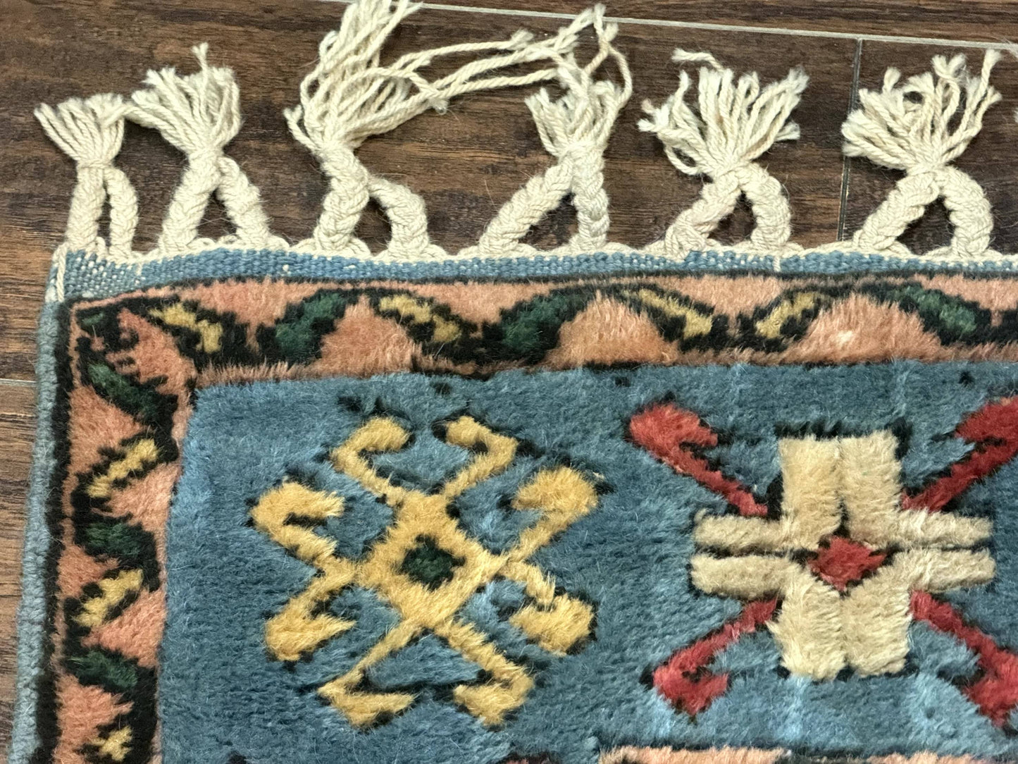 USED Turkish Kazak Runner Rug 3x11, Cream and Light Blue, Vintage