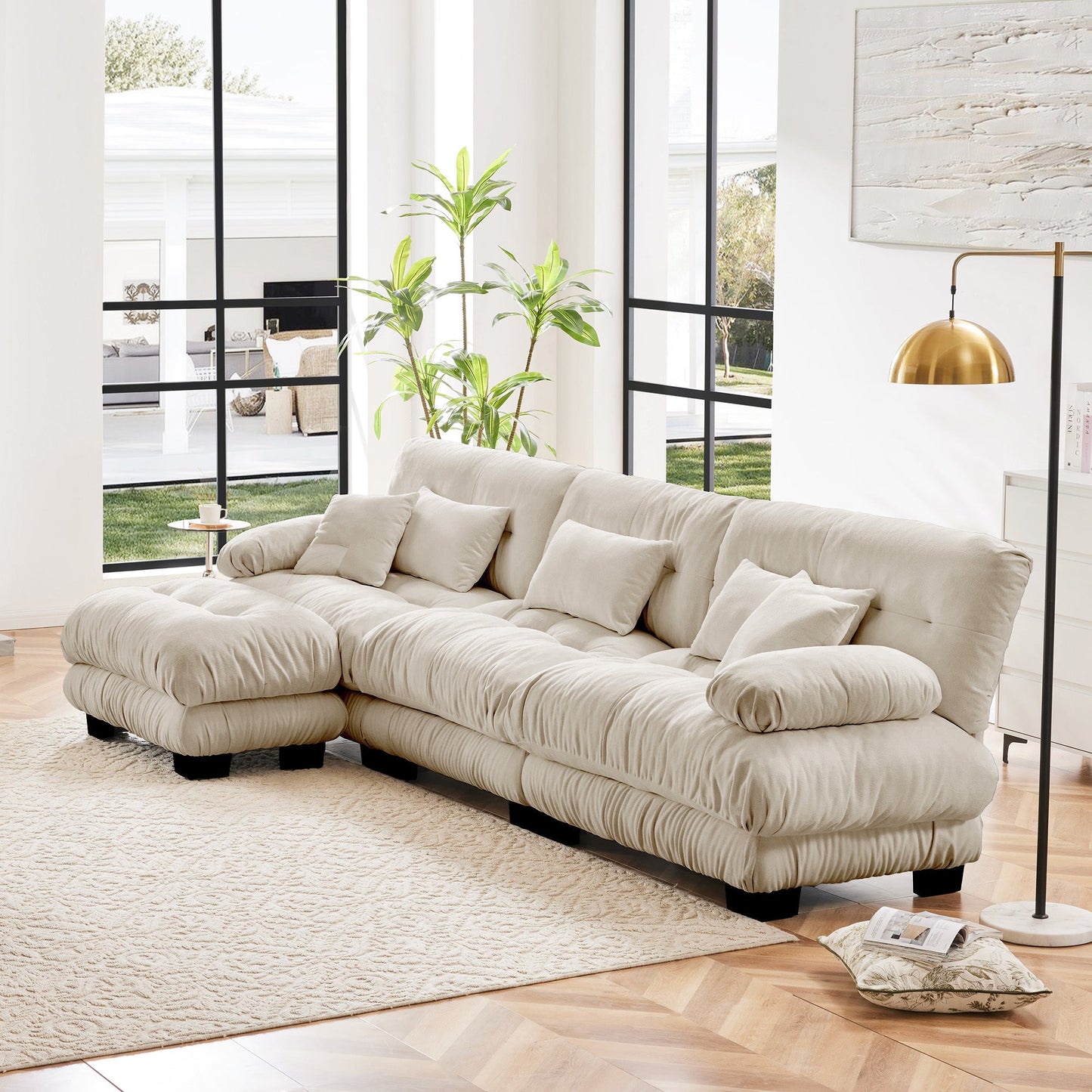 NEW Luxury Chenille Light Coffee Modular Sectional Sofa Oversized L Shaped Cloud Deep Seat Couch with Convertible Ottoman