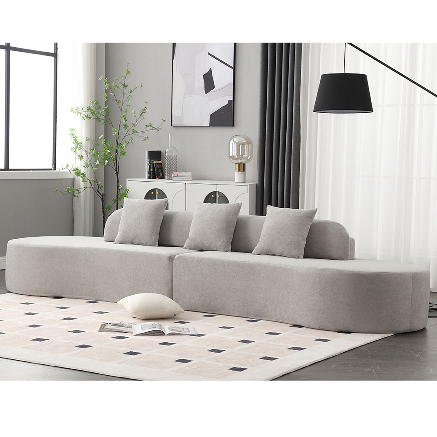 NEW Modern Curved Combination Gray Terrycloth Fabric Minimalist Sofa with Three Pillows