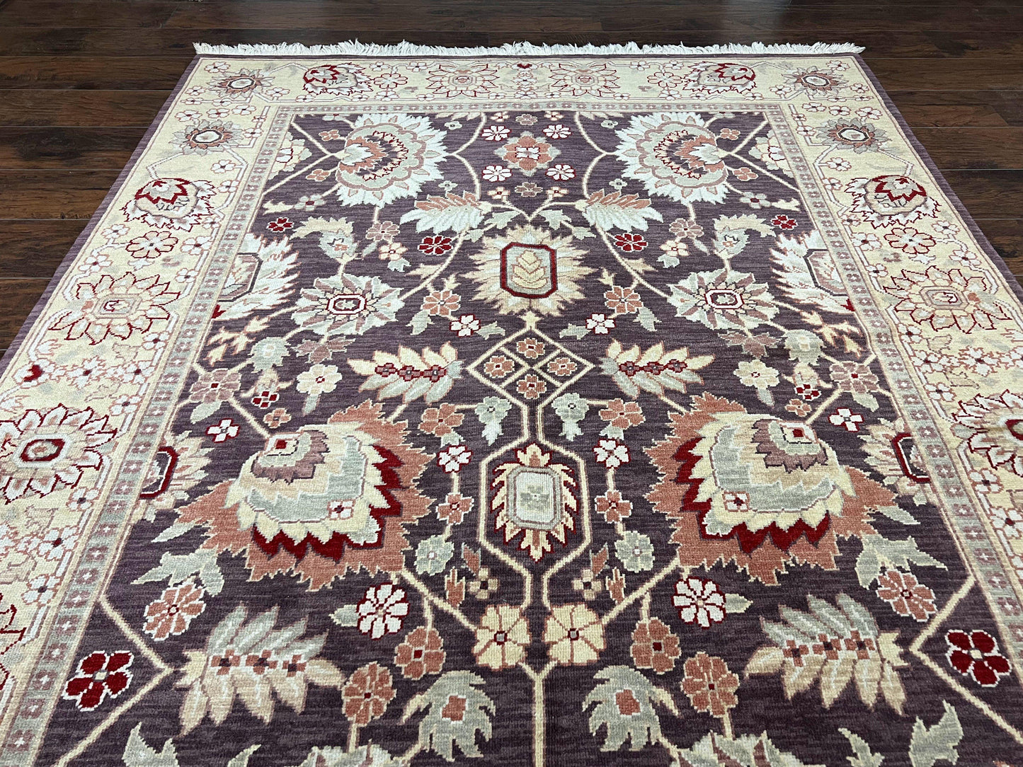 USED Vintage Indo Mahal Area Rug 6x9, Indian Persian Oriental Carpet 6 x 9, Puce Eggplant Tan Beige Rug, Hand-Knotted, Large Floral Design Wool