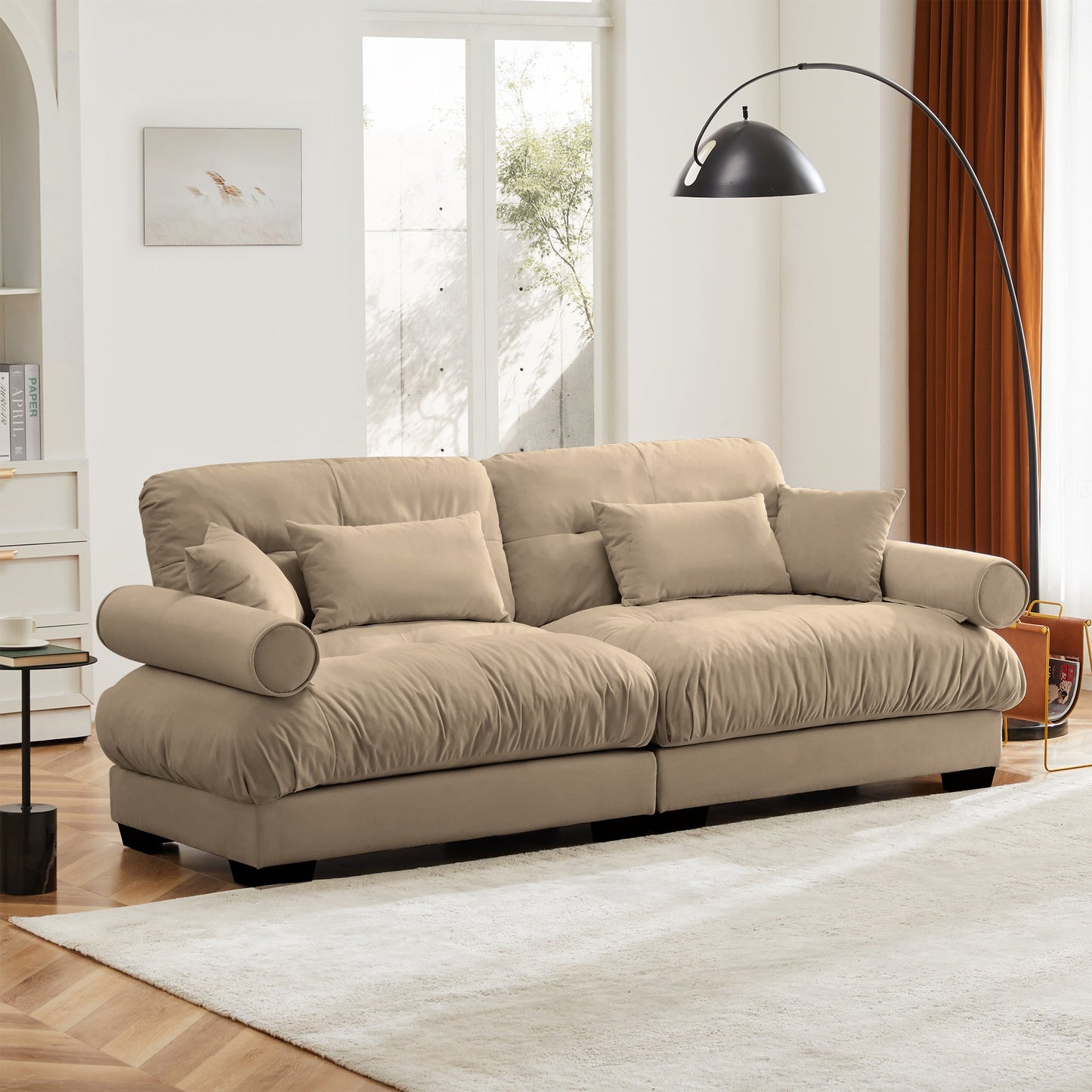 NEW Modern Camel Velvet Two-Seater Sofa with Bolstered Armrests and Pillows