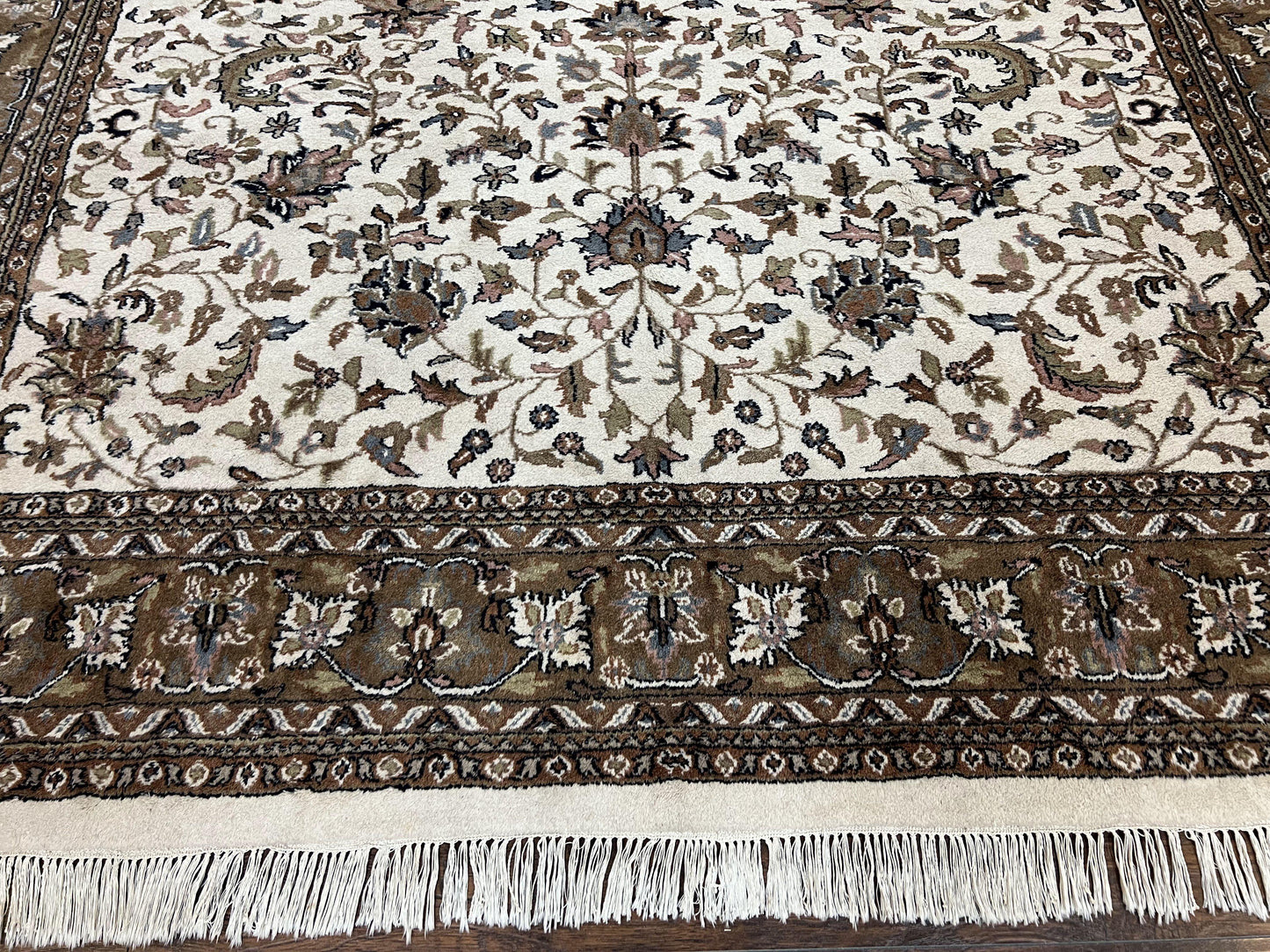 USED Indo Kirman Rug 8x12 Allover Floral Design, Ivory/Cream Brown, Vintage Handmade Hand Knotted Rug, Traditional Wool Persian Carpet 8 x 12