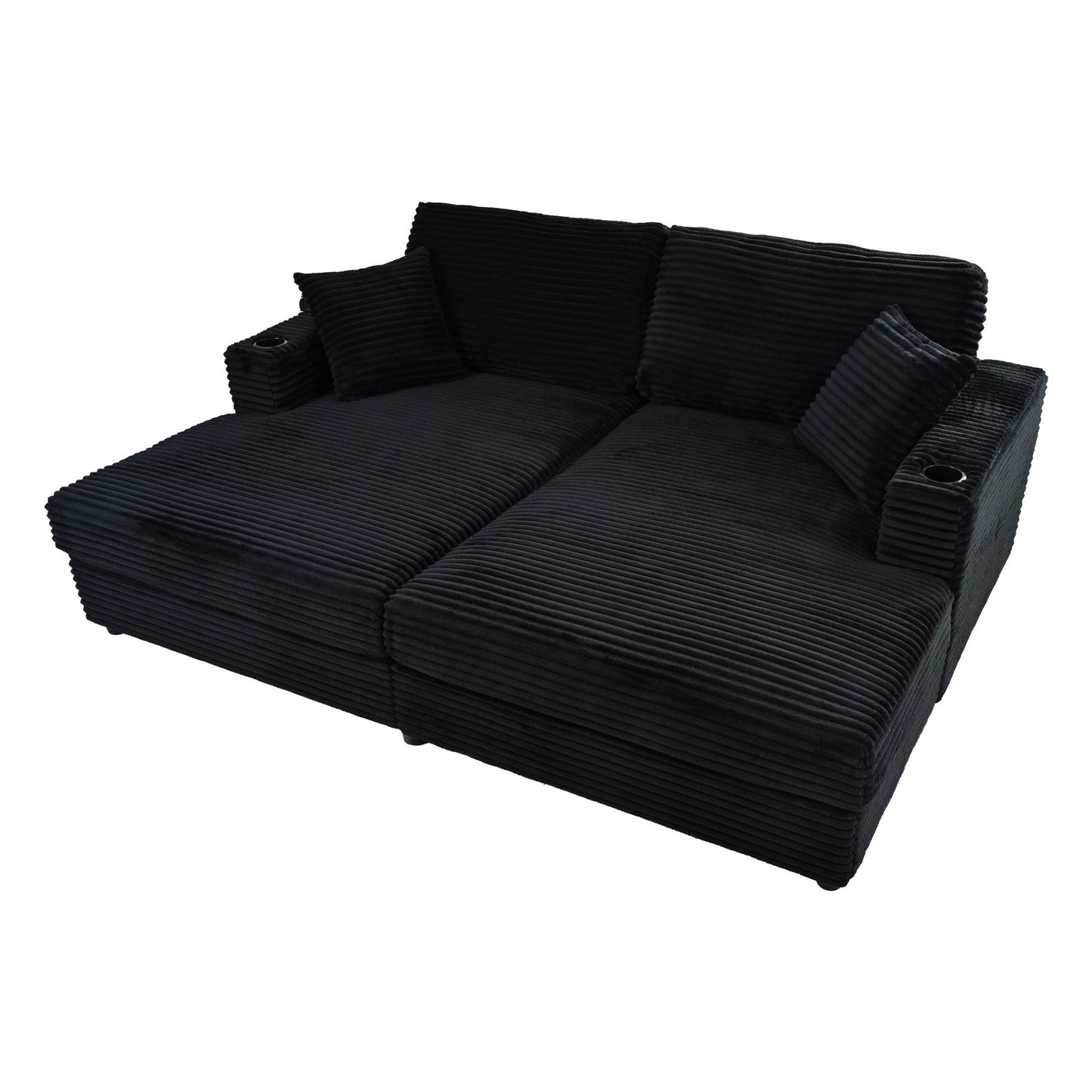 NEW Black Corduroy Oversized Loveseat Chaise Lounge Sectional Sofa Bed with USB Ports Cup Holders and Pillows
