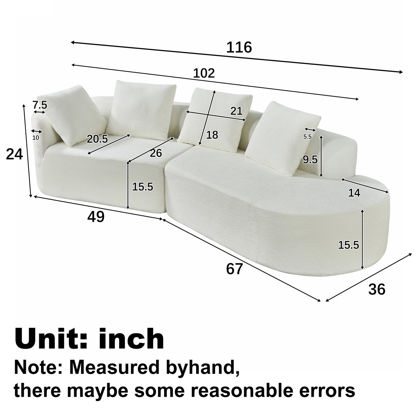 NEW 116' Modern Curved Sectional Sofa with High-Density Fully Compressed Sponge and Chaise Lounge, Pearl Upholstery, 2-Piece Set, Fully Assembled Right Hand Facing, Perfect for Living Room, Lounge