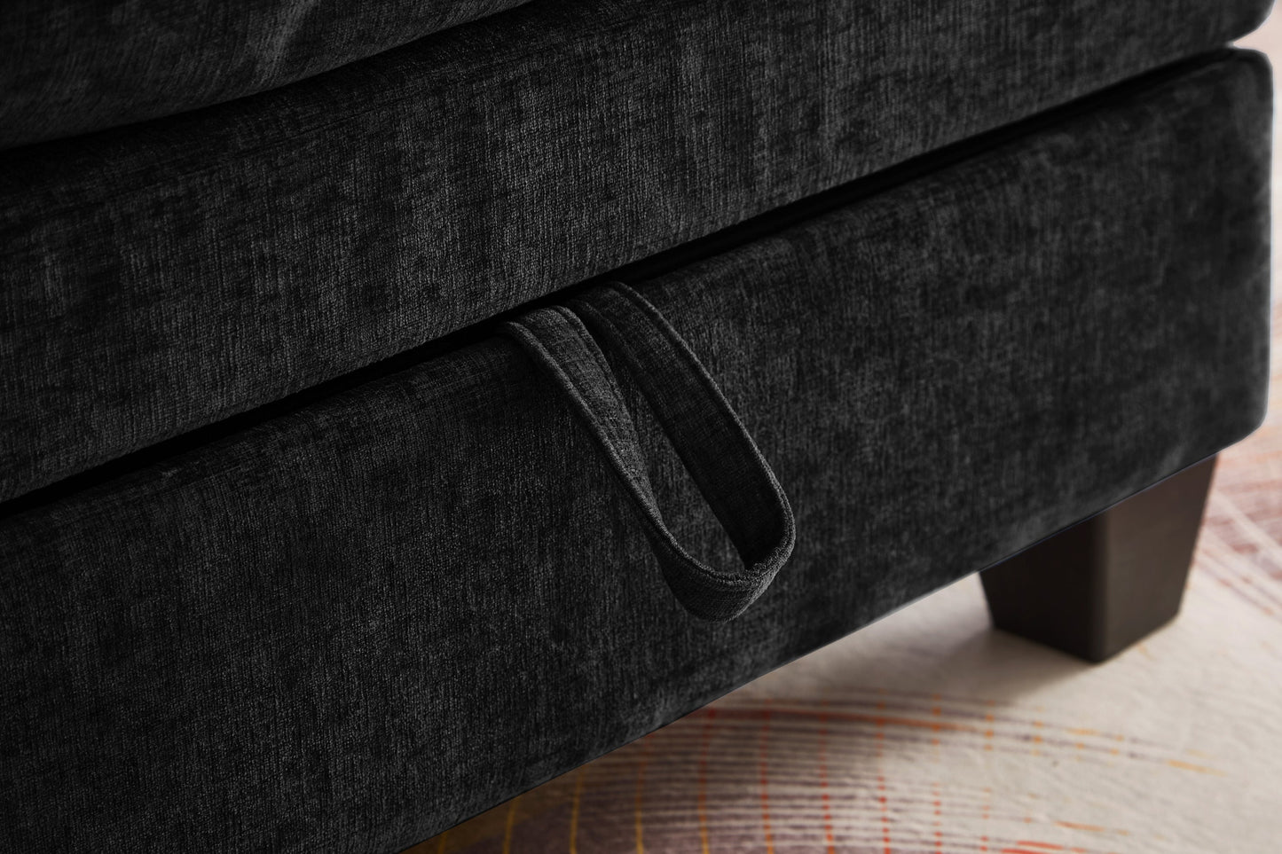 NEW 51' Oversize Chaise Lounge Chair with Ottoman and Storage  Upholstered Soft Chenille Black