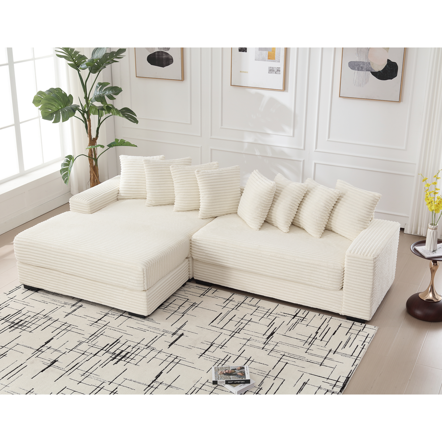 NEW Oversized Two-Piece  Couches,  L Shaped Sofa, Corduroy, Left Chaise Daybed,with Armrests,Eight Throw Pillows,Corner Sofa,Easy To Assemble, Beige