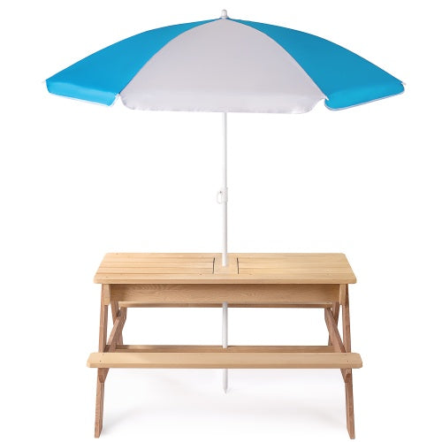 NEW 3-in-1 Kids Outdoor Cedar Wooden Picnic Table With Umbrella Convertible Sand Box And Water Kettle