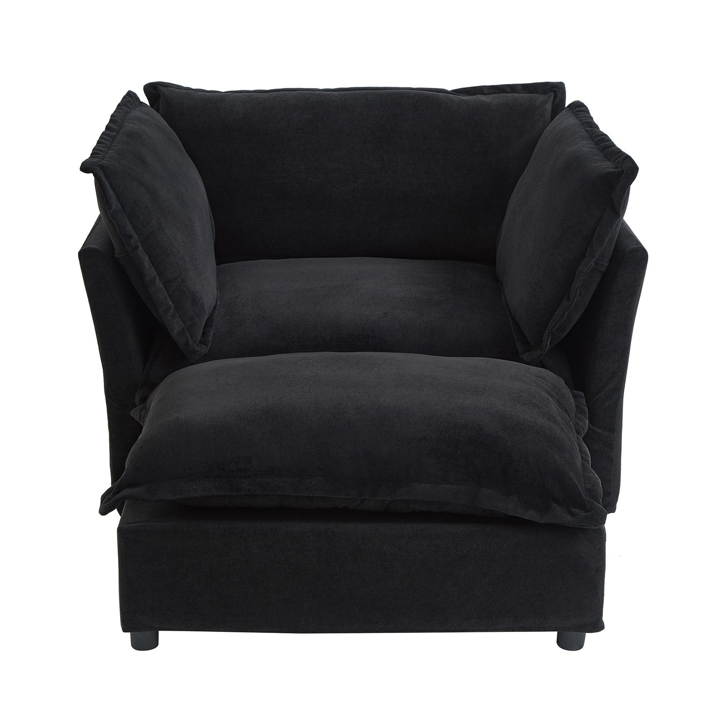 NEW Modern Armchair Sofa 47' Cozy Upholstered Sofa Chair with Movable Ottoman, Black Chenille, Wide Seat & Curved Armrests