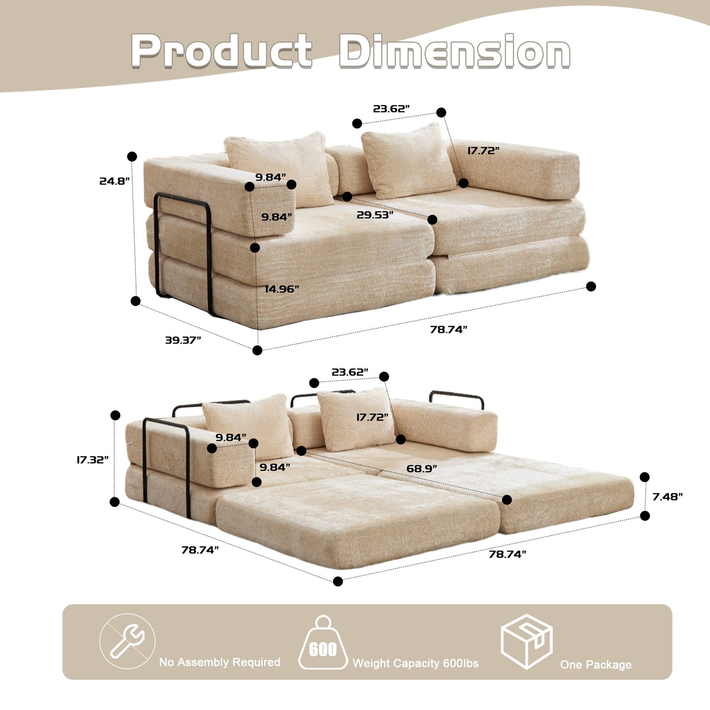 NEW Compression Convertible Floor Fixed-Shape Frame Loveseats Boneless Modular Sectional Sofa Bed in Beige Chenille Fabric