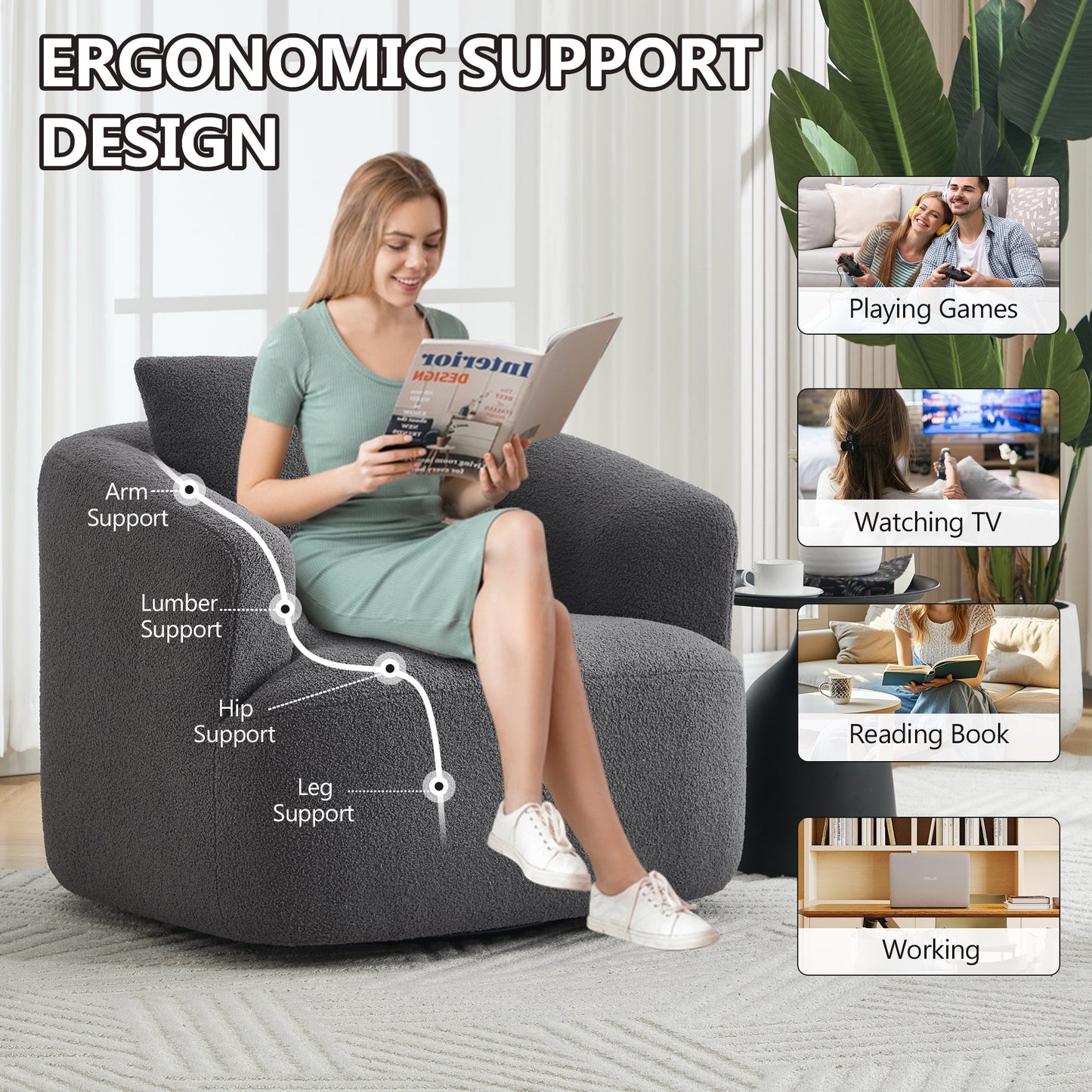 NEW 360° Swivel Round Upholstered Comfy Chair With One Soft Pillow, Teddy Fleece High-Resilience Sponge Single Sofa, No Assembly for Living Room, Bedroom, Apartment, Dark Grey.